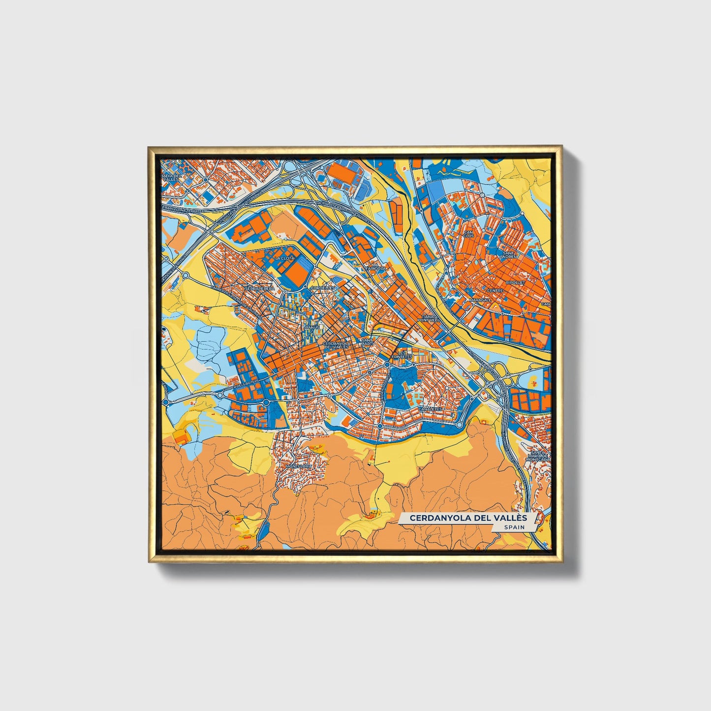Cerdanyola Del Vallès Spain Colorful City Map Canvas Print • Gold Framed