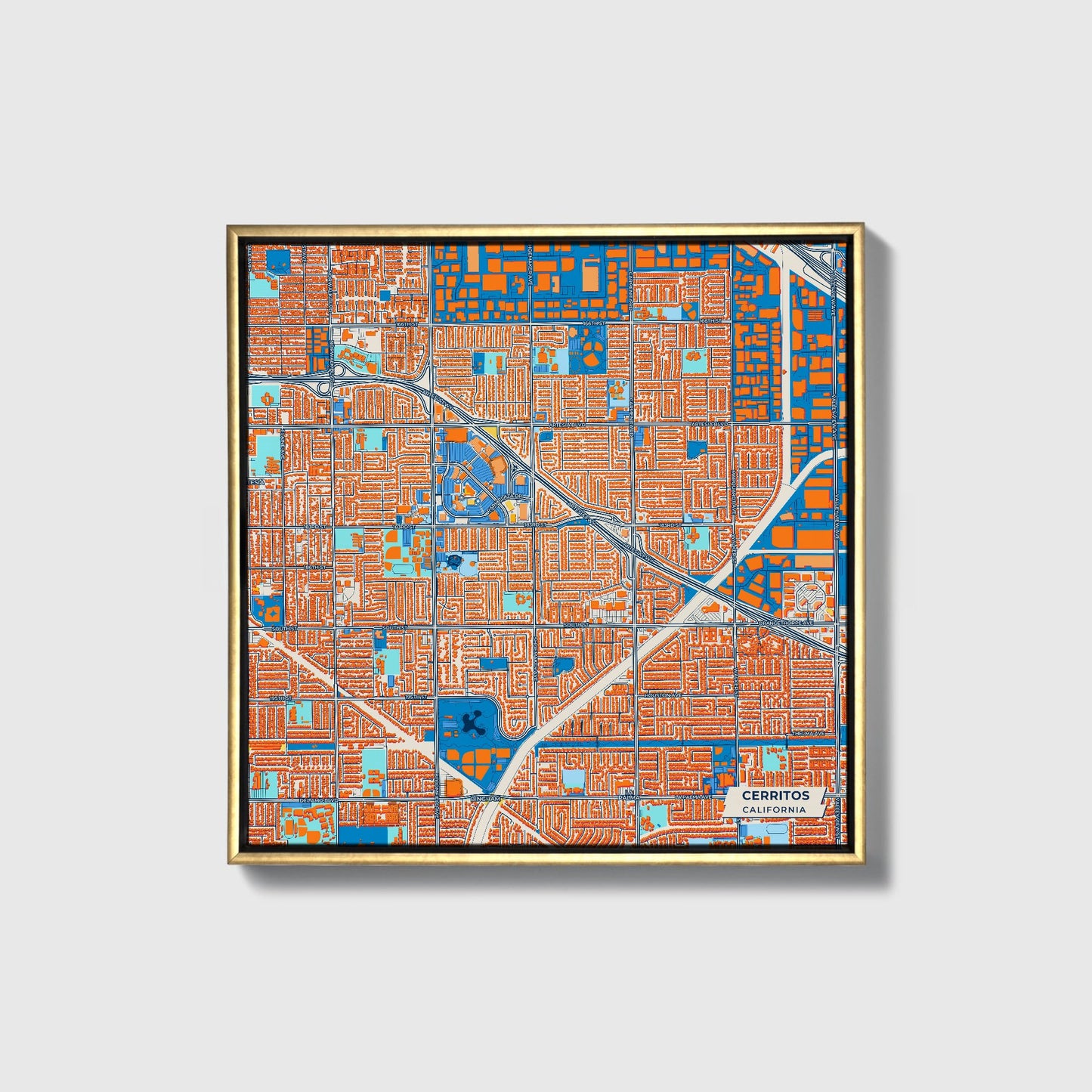 Cerritos California Colorful City Map Canvas Print • Gold Framed