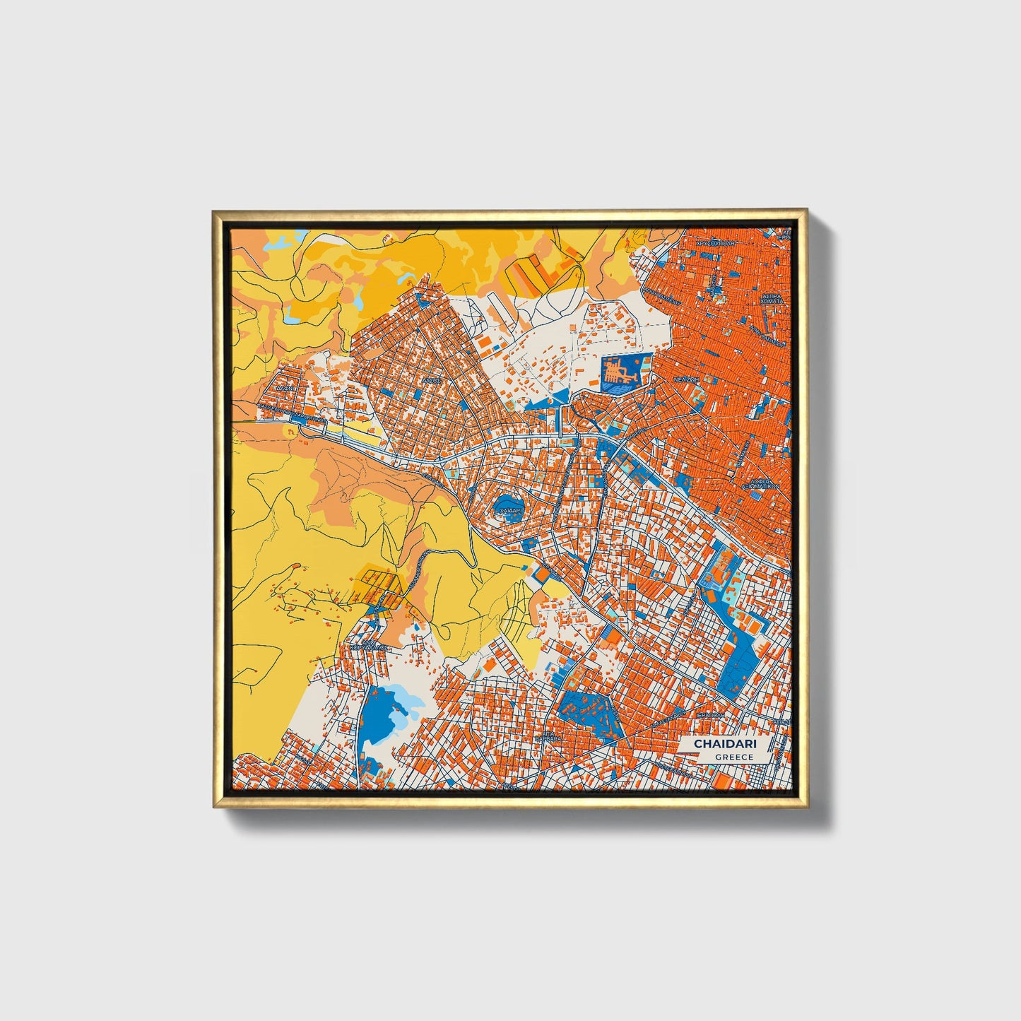 Chaidari Greece Colorful City Map Canvas Print • Gold Framed