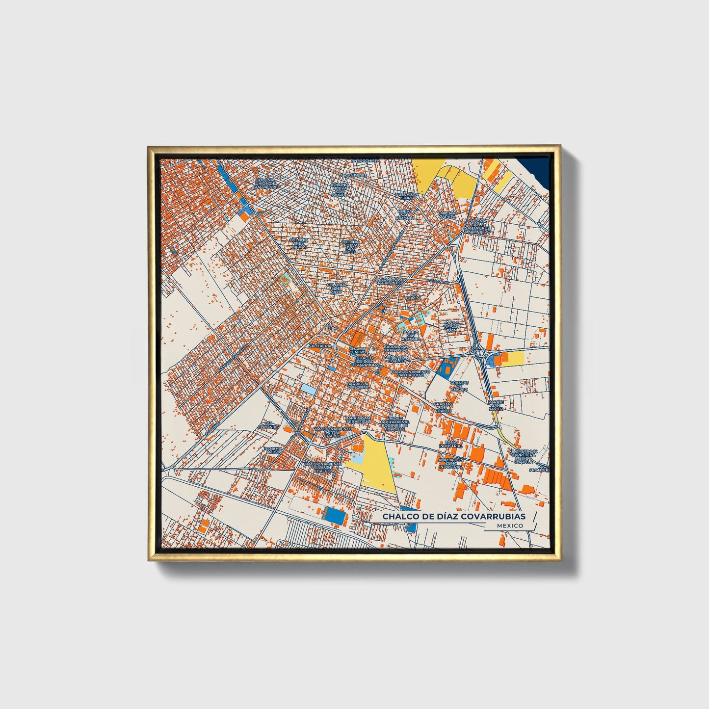 Chalco De Díaz Covarrubias Mexico Colorful City Map Canvas Print • Gold Framed