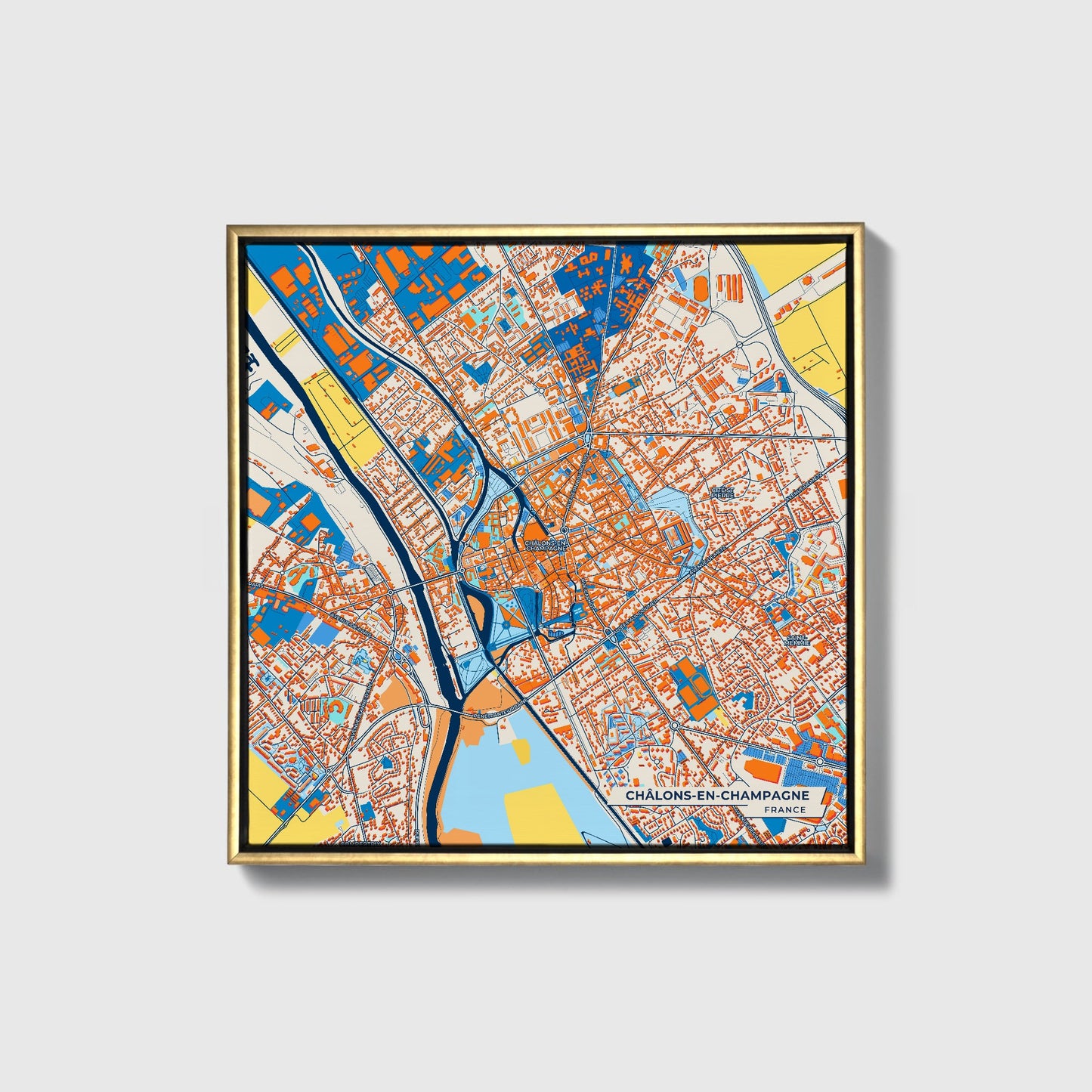 Châlons-En-Champagne France Colorful City Map Canvas Print • Gold Framed
