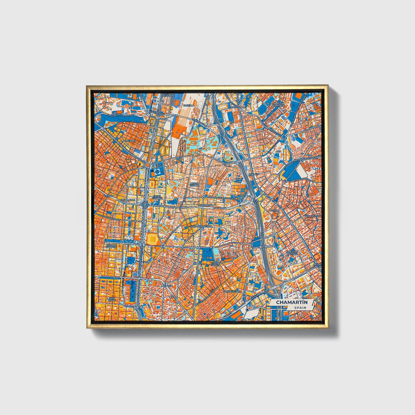 Chamartín Spain Colorful City Map Canvas Print • Gold Framed