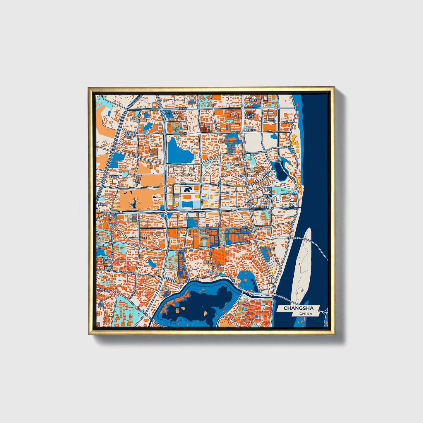 Changsha China Colorful City Map Canvas Print • Gold Framed