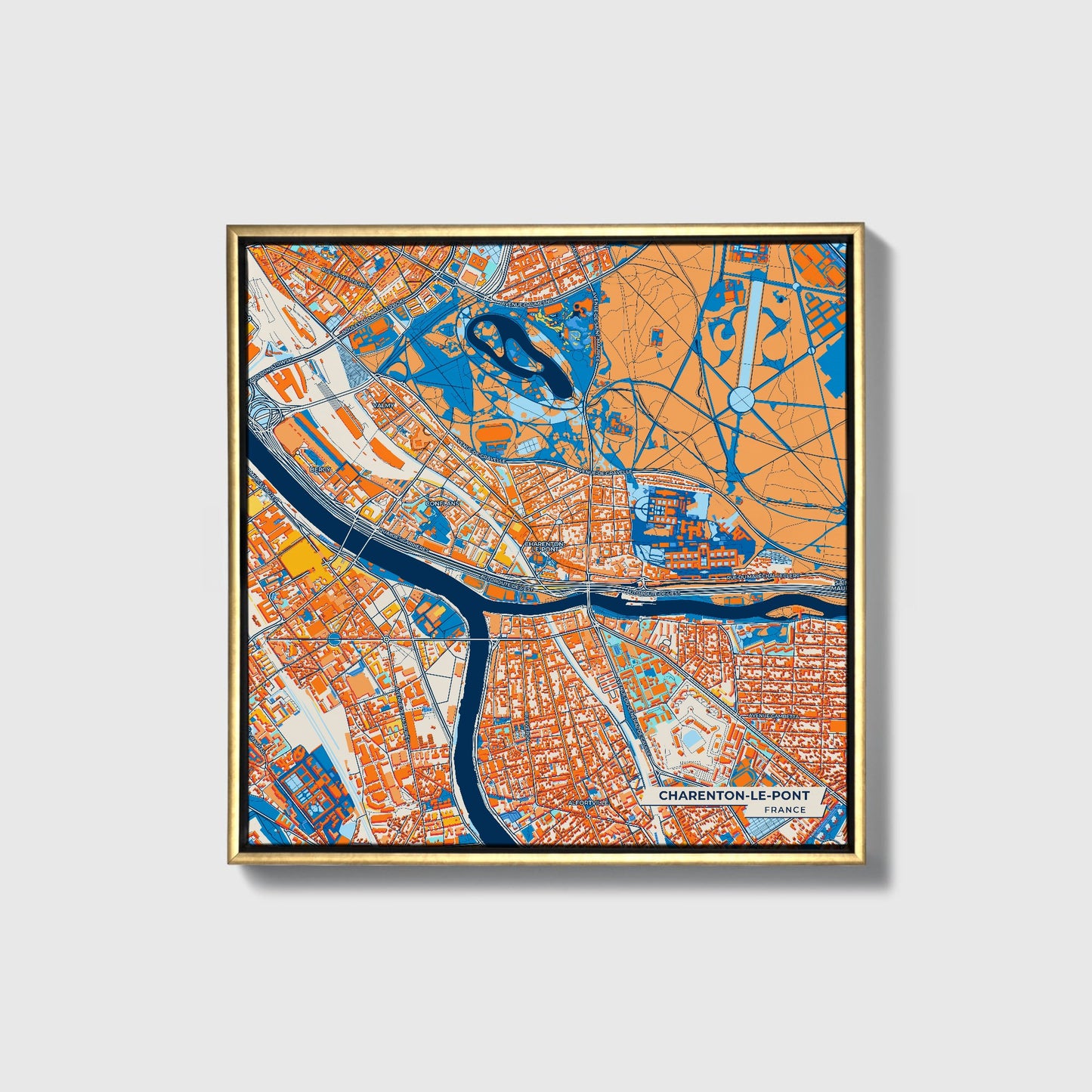Charenton-Le-Pont France Colorful City Map Canvas Print • Gold Framed