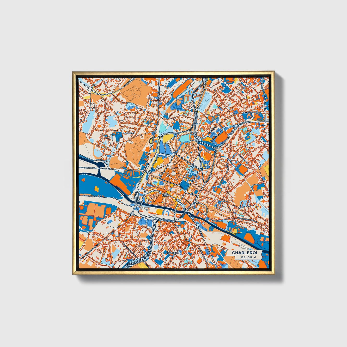Charleroi Belgium Colorful City Map Canvas Print • Gold Framed