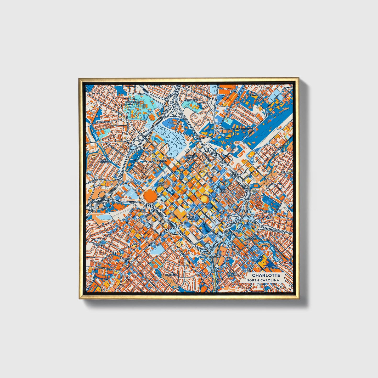 Charlotte North Carolina Colorful City Map Canvas Print • Gold Framed