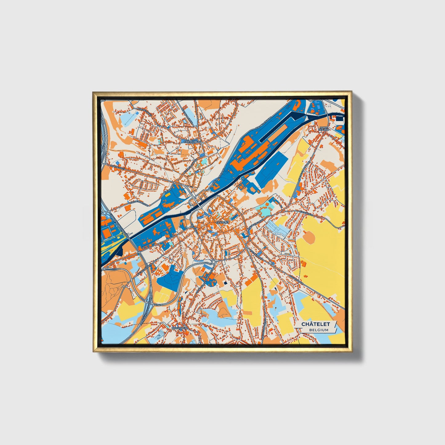 Châtelet Belgium Colorful City Map Canvas Print • Gold Framed