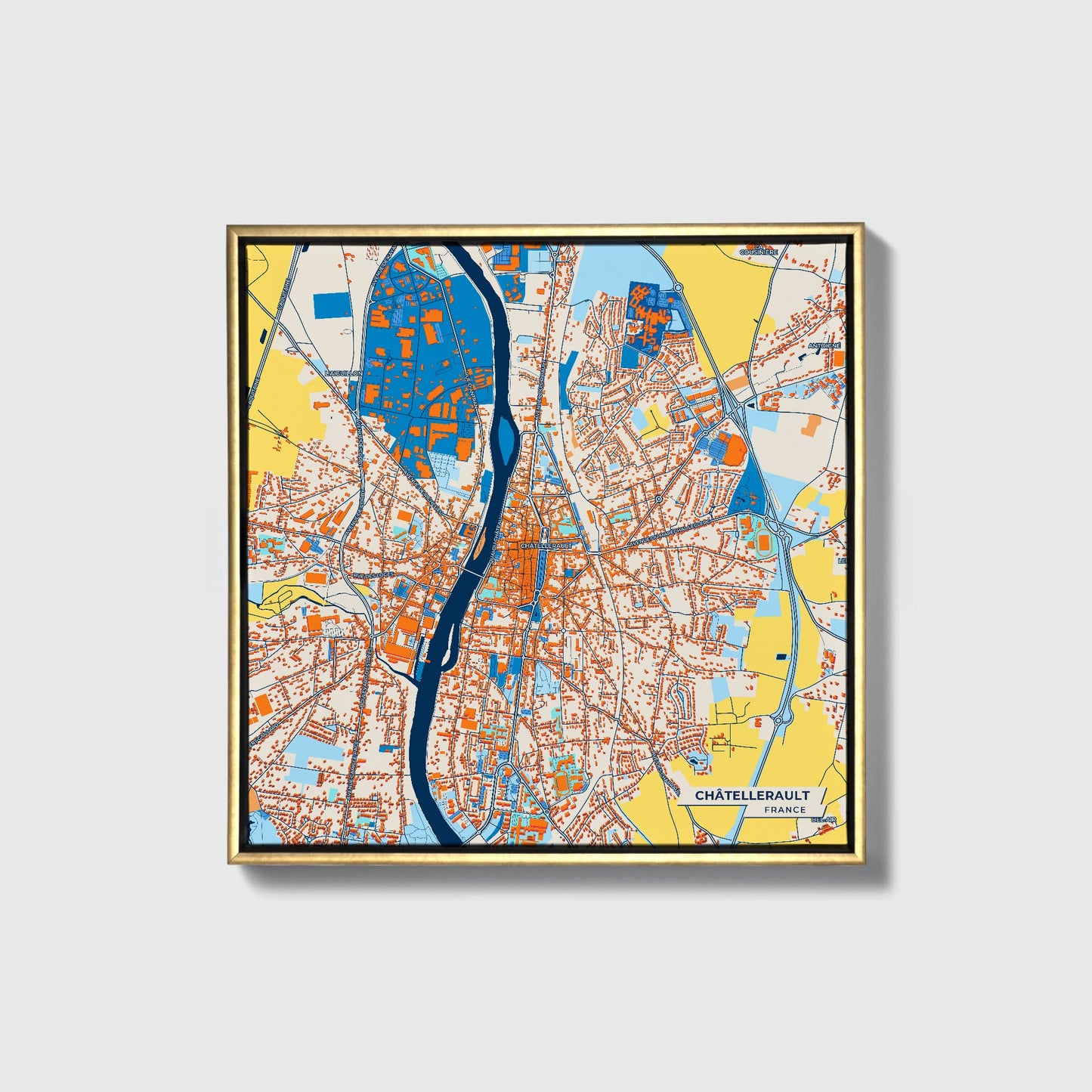 Châtellerault France Colorful City Map Canvas Print • Gold Framed