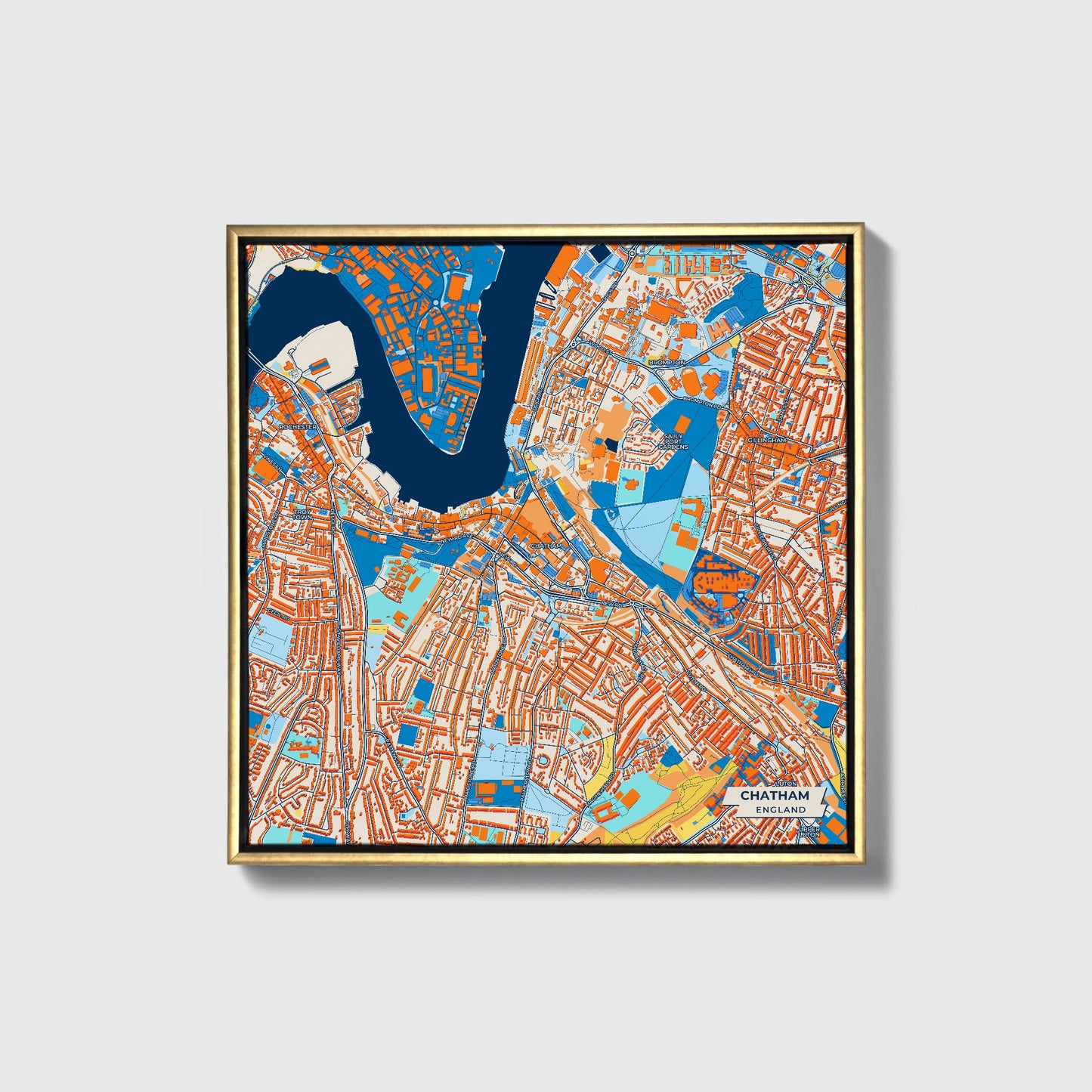 Chatham England Colorful City Map Canvas Print • Gold Framed