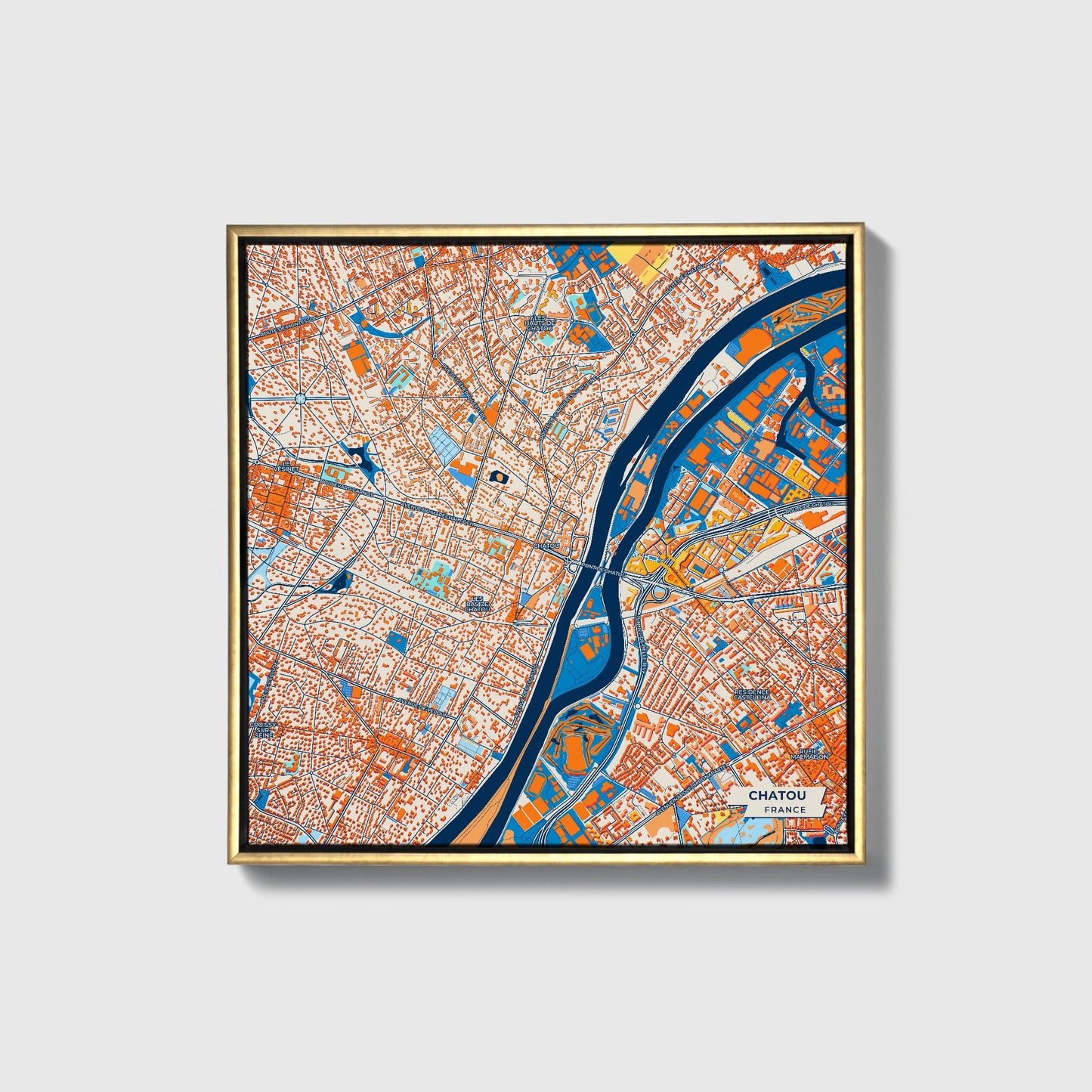 Chatou France Colorful City Map Canvas Print • Gold Framed