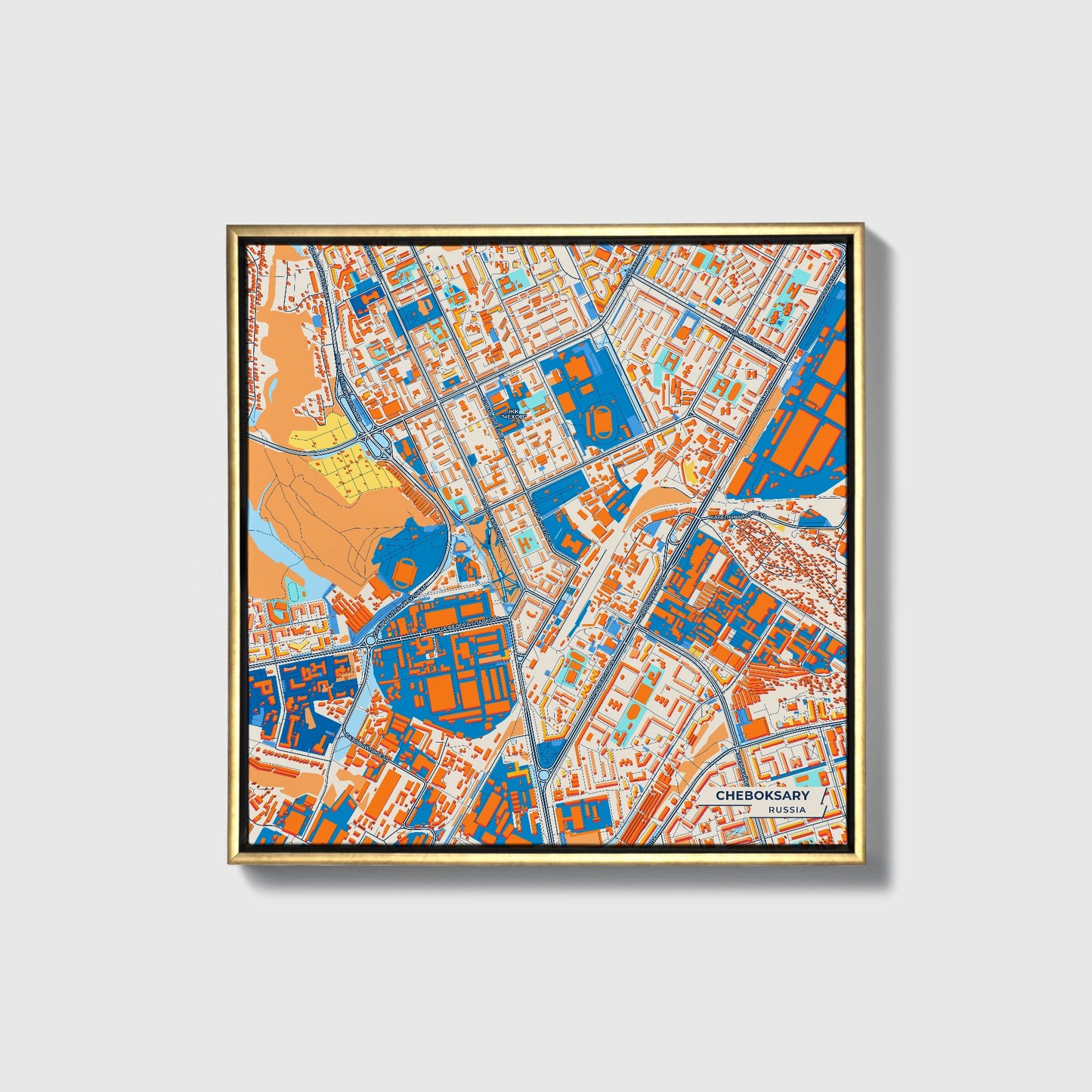 Чебоксар Russia Colorful City Map Canvas Print • Gold Framed