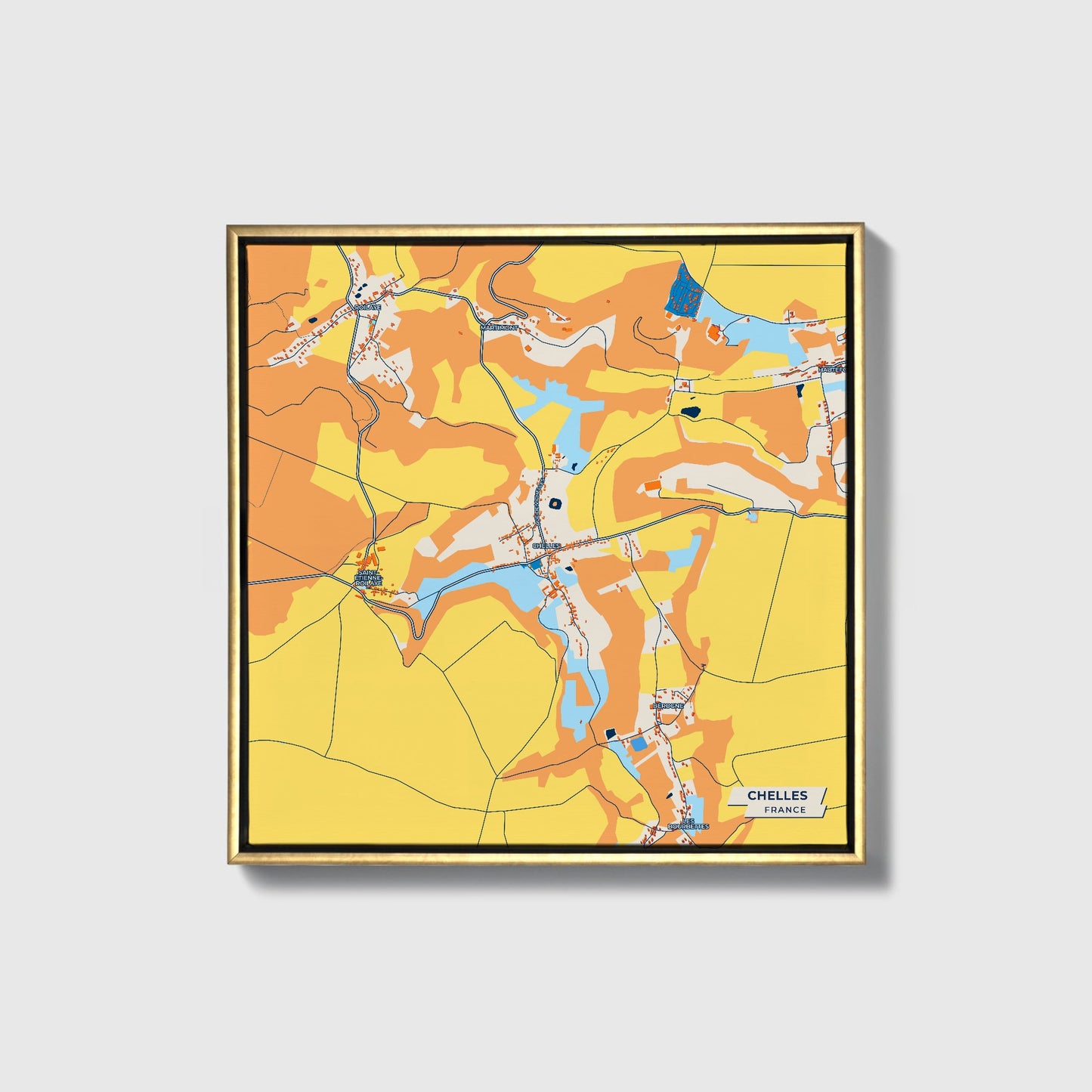 Chelles France Colorful City Map Canvas Print • Gold Framed