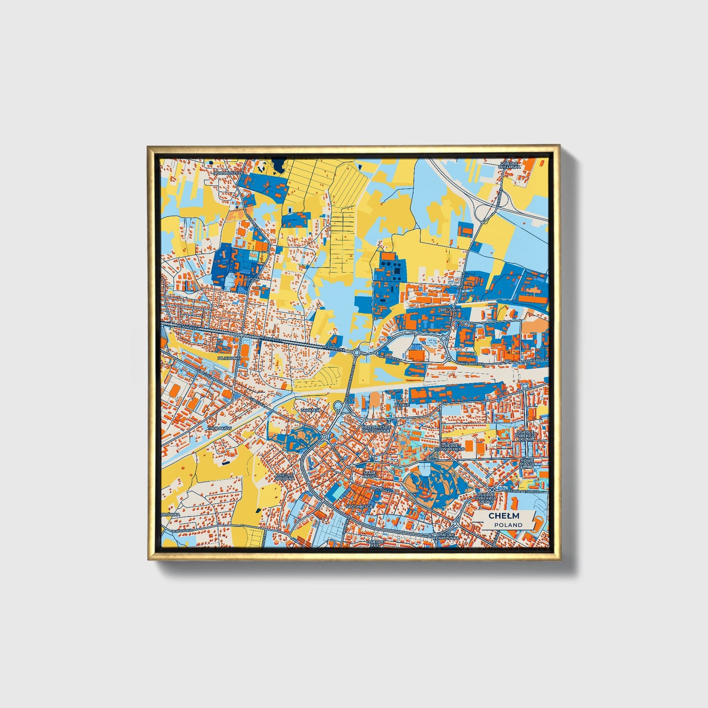 Chełm Poland Colorful City Map Canvas Print • Gold Framed