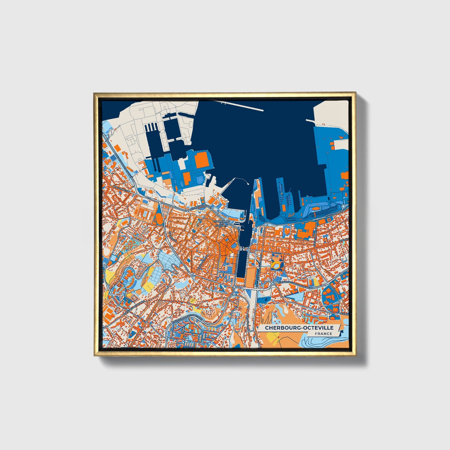 Cherbourg-Octeville France Colorful City Map Canvas Print • Gold Framed