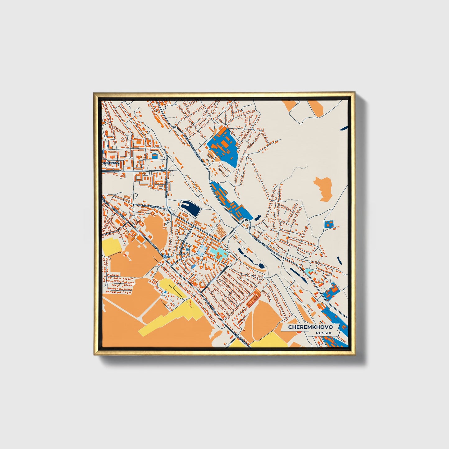 Черемхово Russia Colorful City Map Canvas Print • Gold Framed