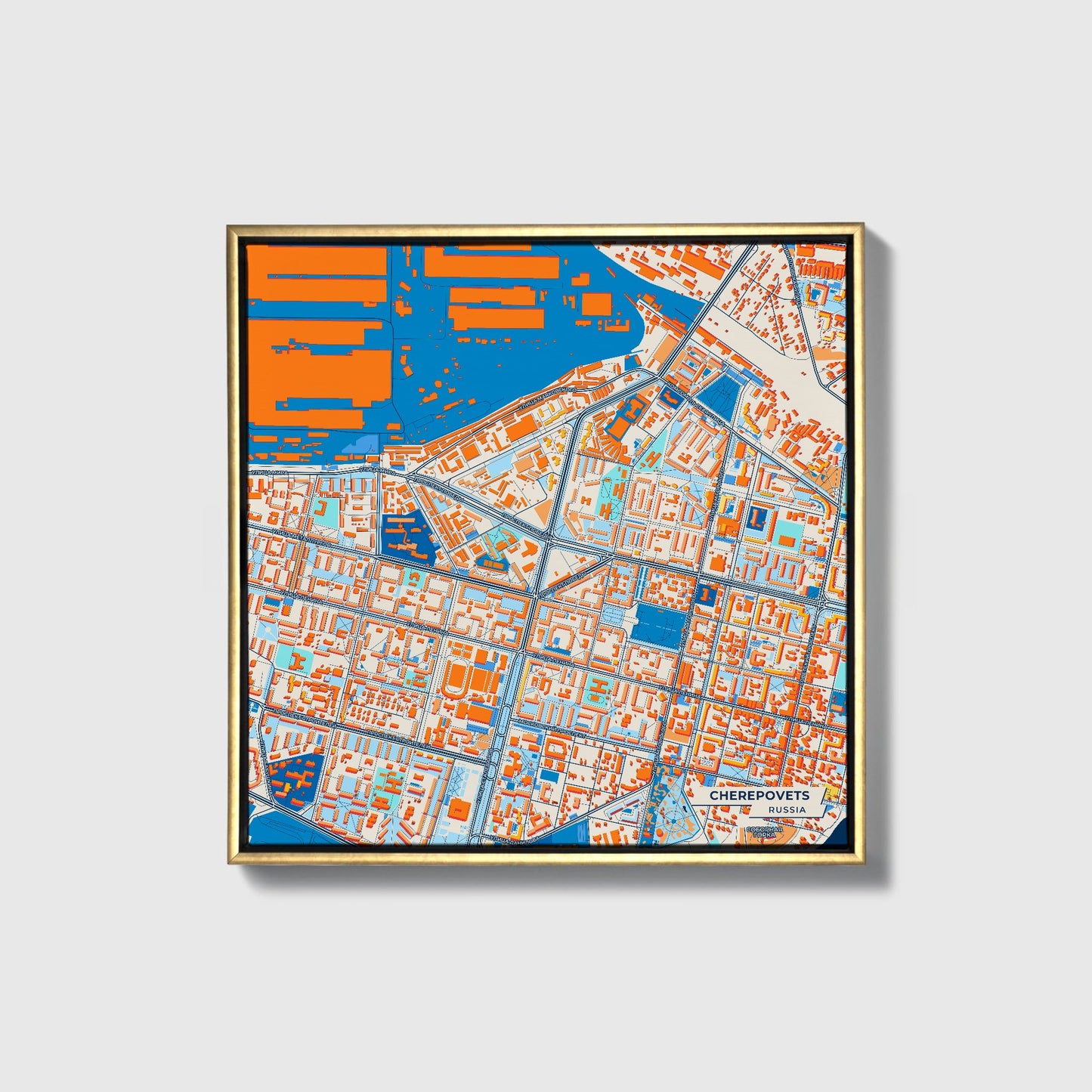 Череповецкий Russia Colorful City Map Canvas Print • Gold Framed