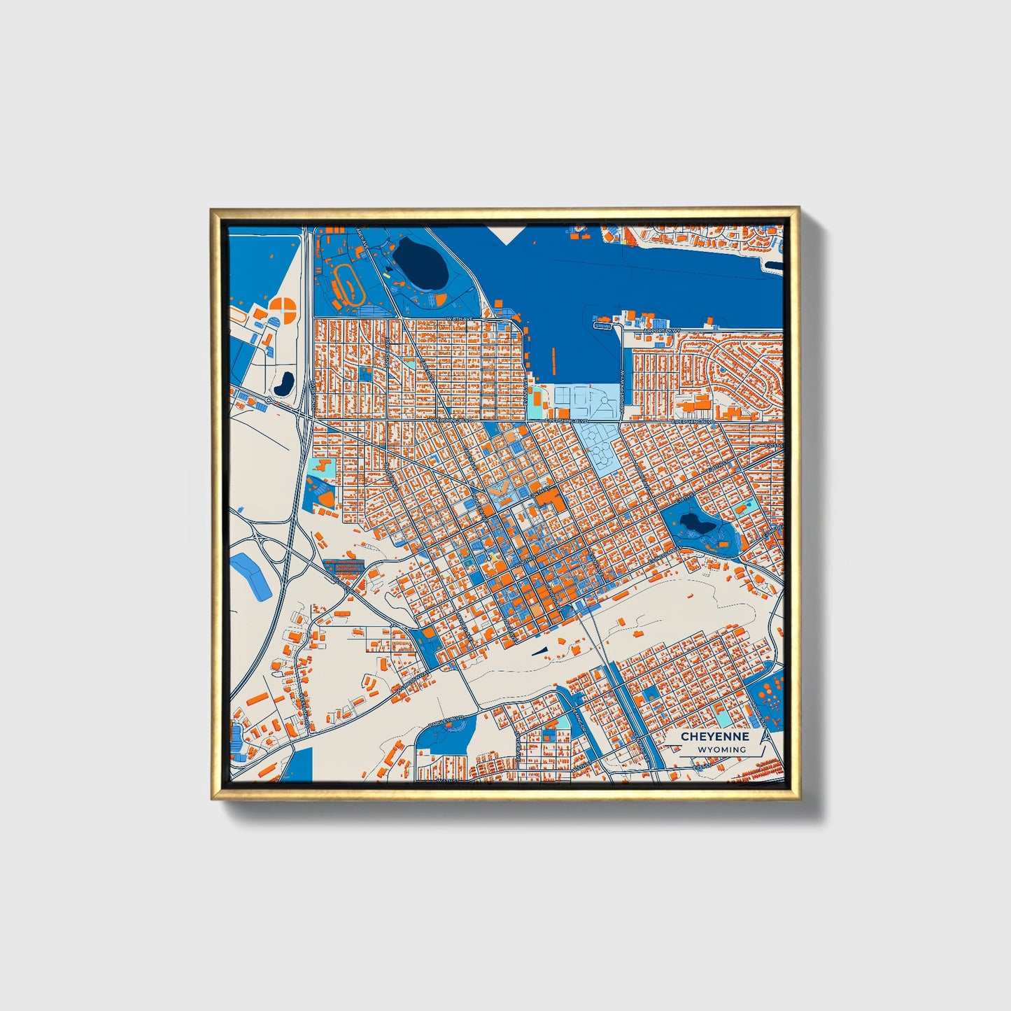 Cheyenne Wyoming Colorful City Map Canvas Print • Gold Framed