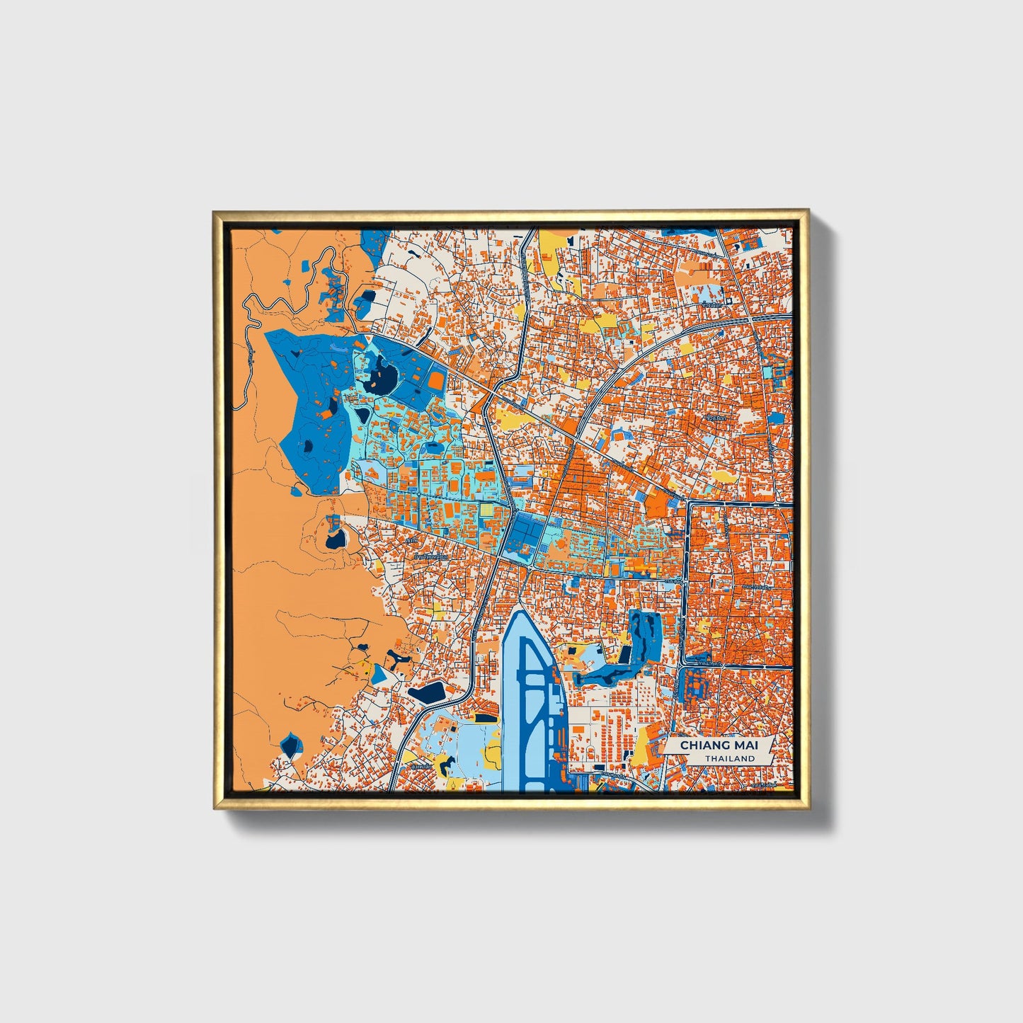 Chiang Mai Thailand Colorful City Map Canvas Print • Gold Framed