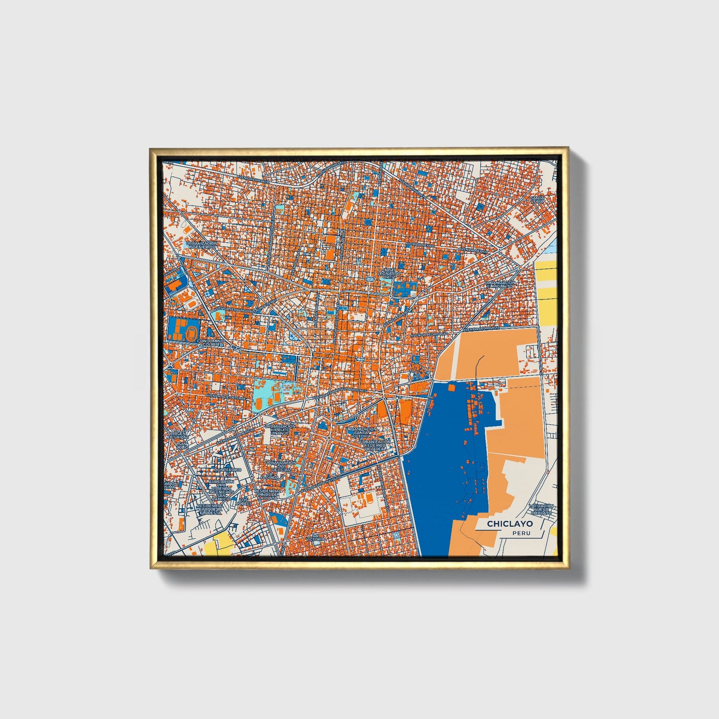 Chiclayo Peru Colorful City Map Canvas Print • Gold Framed
