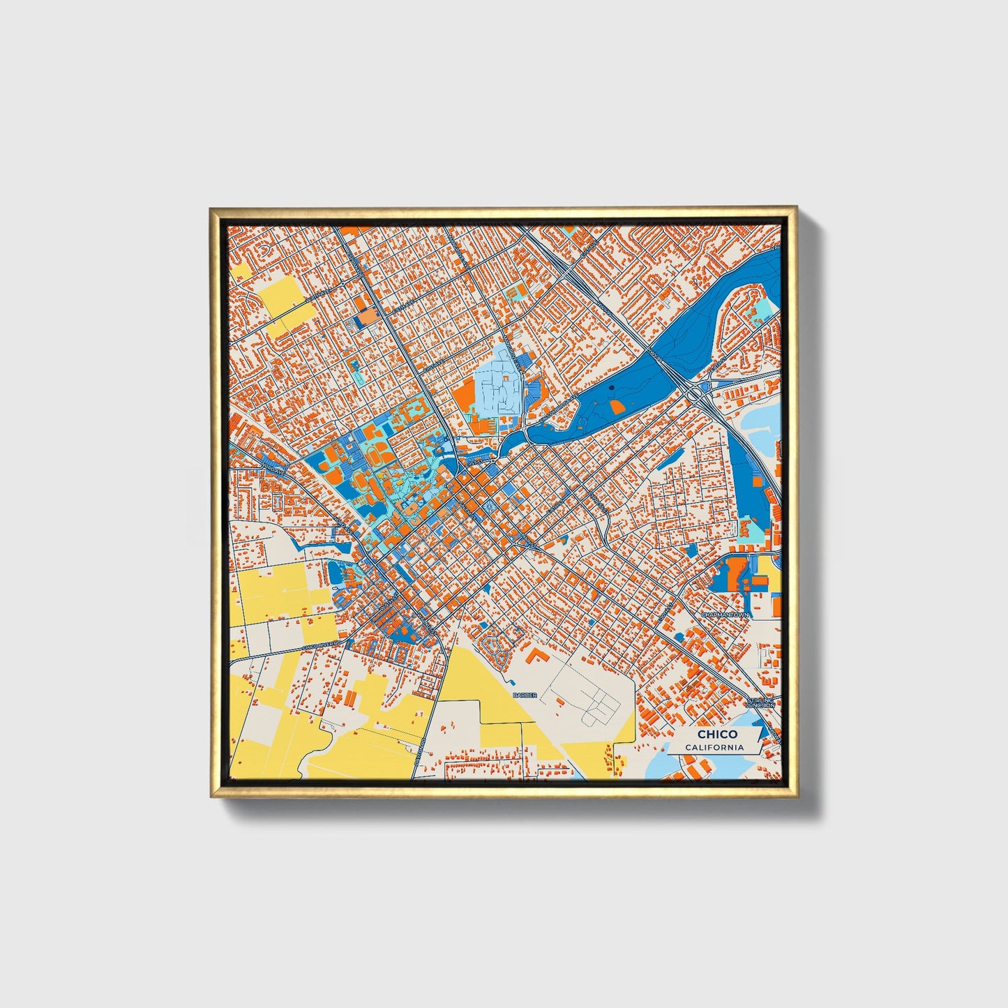Chico California Colorful City Map Canvas Print • Gold Framed