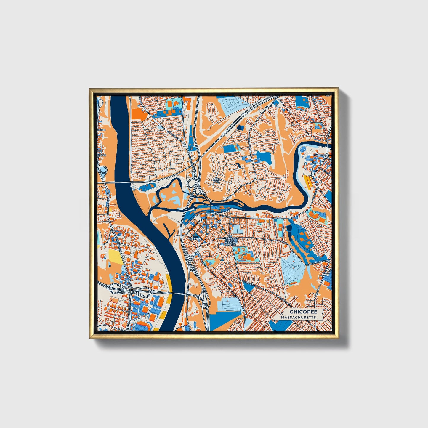 Chicopee Massachusetts Colorful City Map Canvas Print • Gold Framed