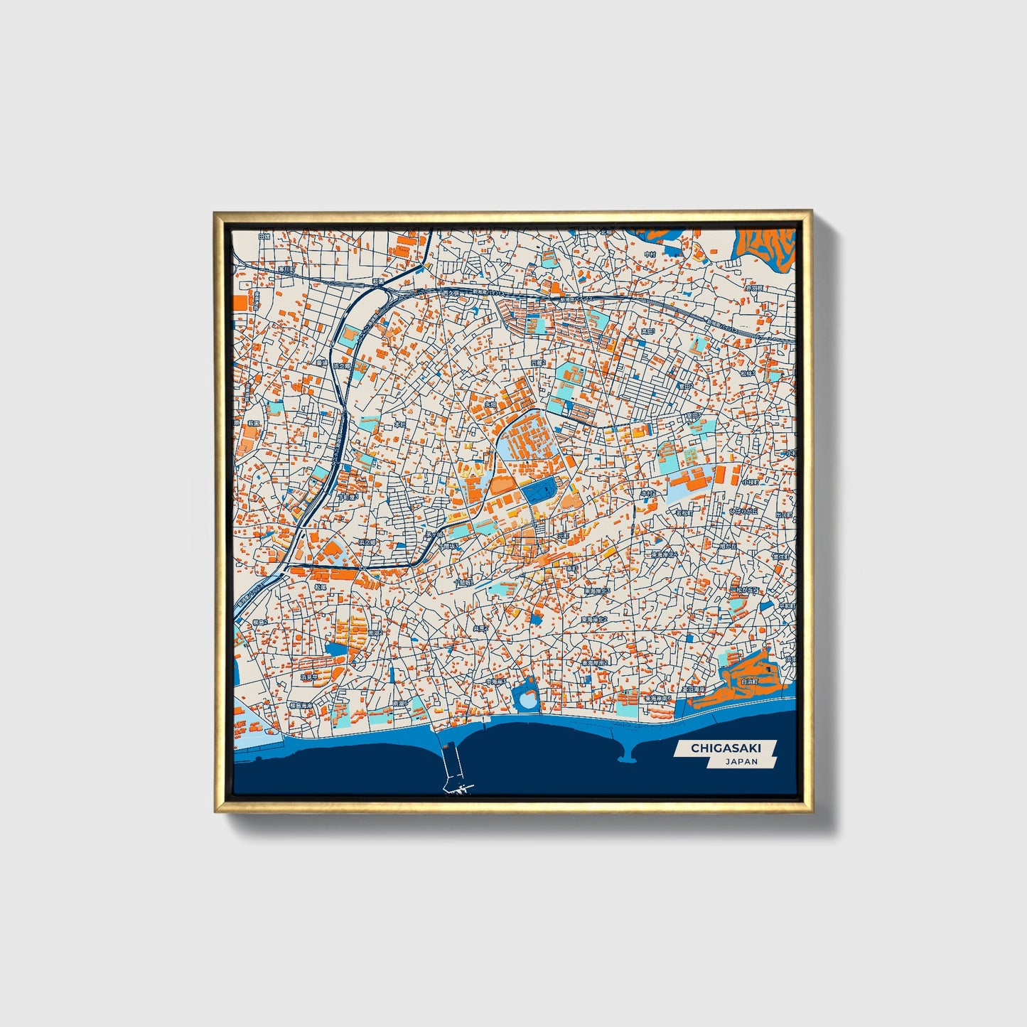 Chigasaki Japan Colorful City Map Canvas Print • Gold Framed