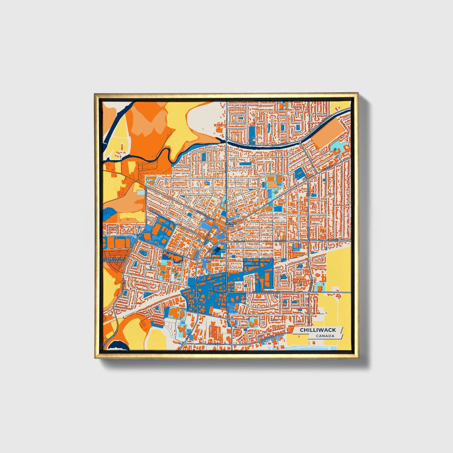 Chilliwack Canada Colorful City Map Canvas Print • Gold Framed