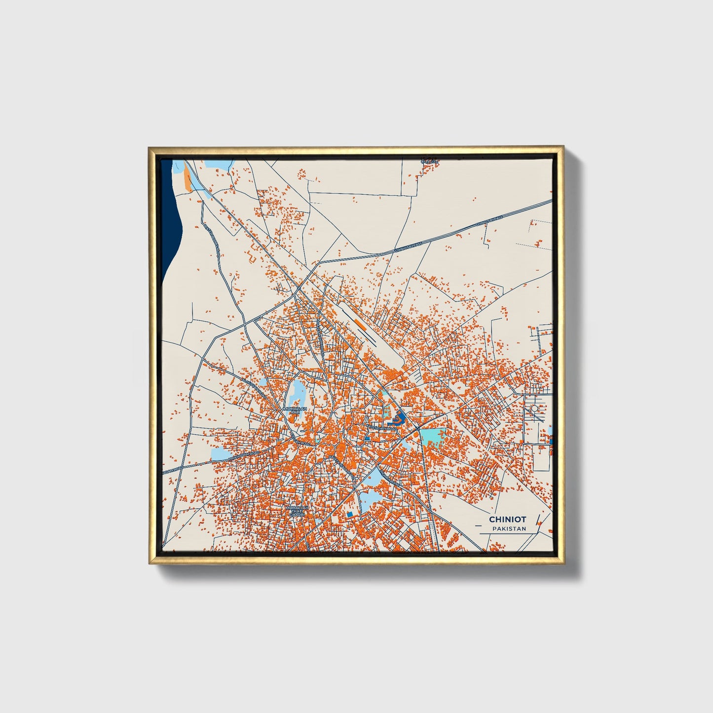 Chiniot Pakistan Colorful City Map Canvas Print • Gold Framed