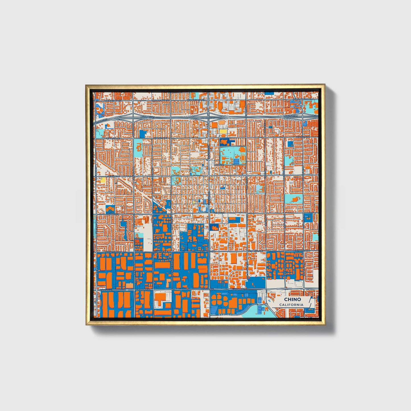 Chino California Colorful City Map Canvas Print • Gold Framed