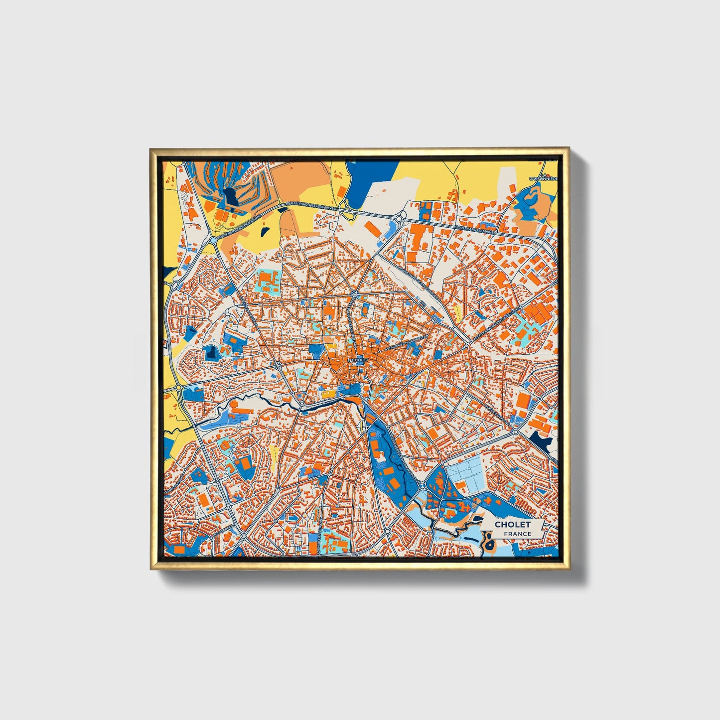 Cholet France Colorful City Map Canvas Print • Gold Framed