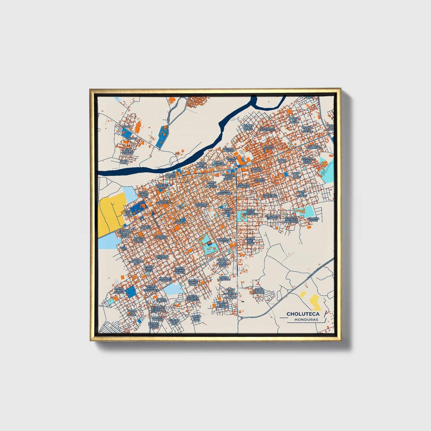 Choluteca Honduras Colorful City Map Canvas Print • Gold Framed