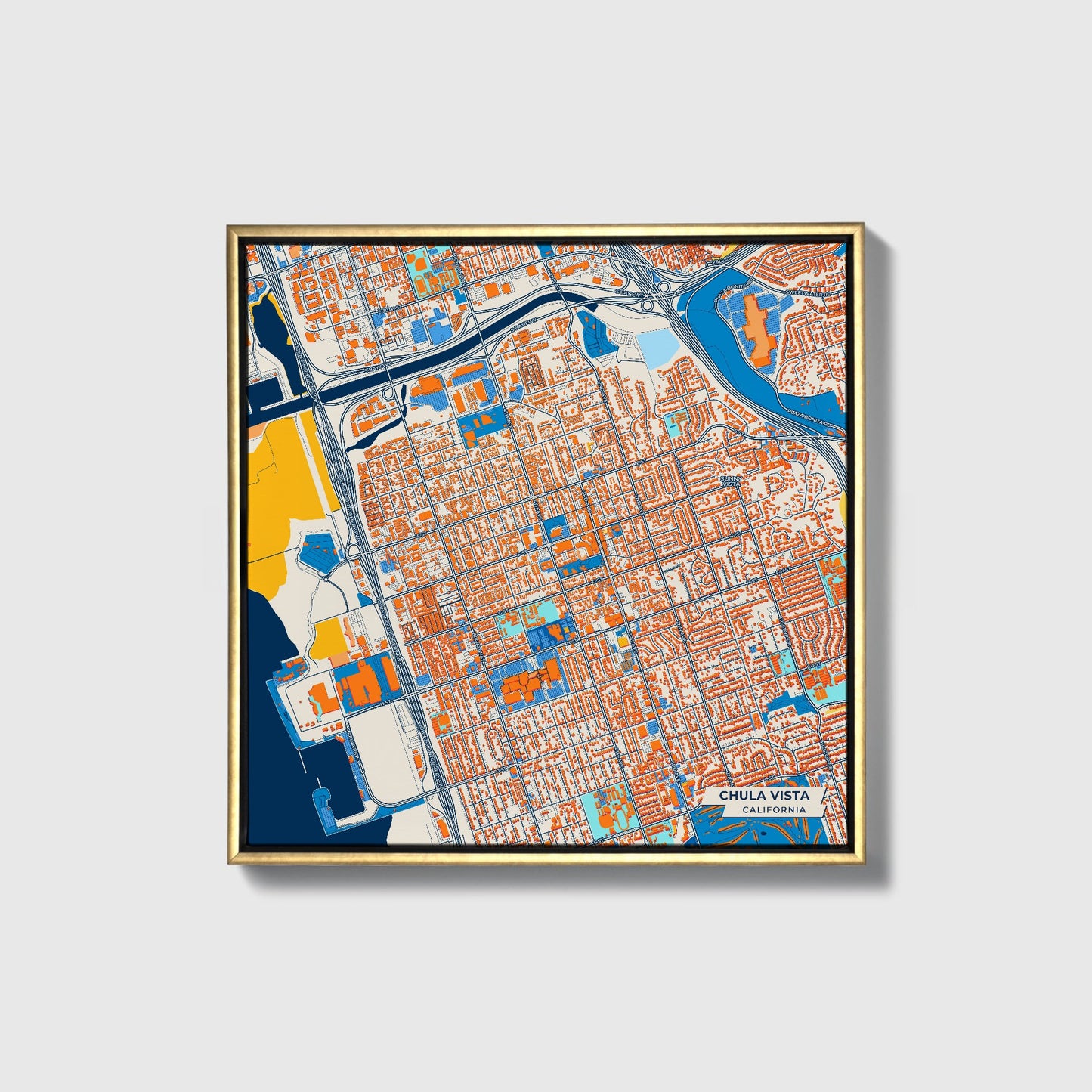 Chula Vista California Colorful City Map Canvas Print • Gold Framed