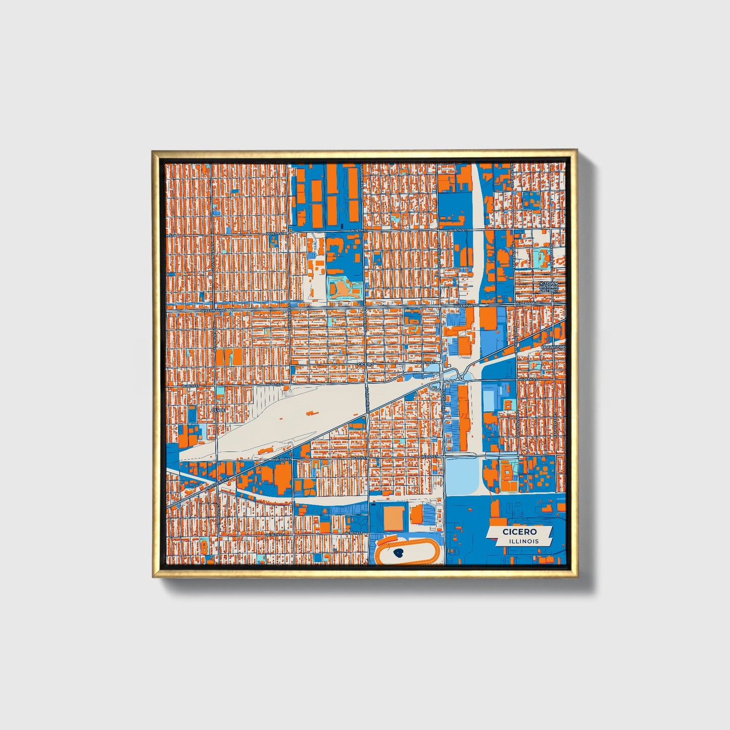 Cicero Illinois Colorful City Map Canvas Print • Gold Framed