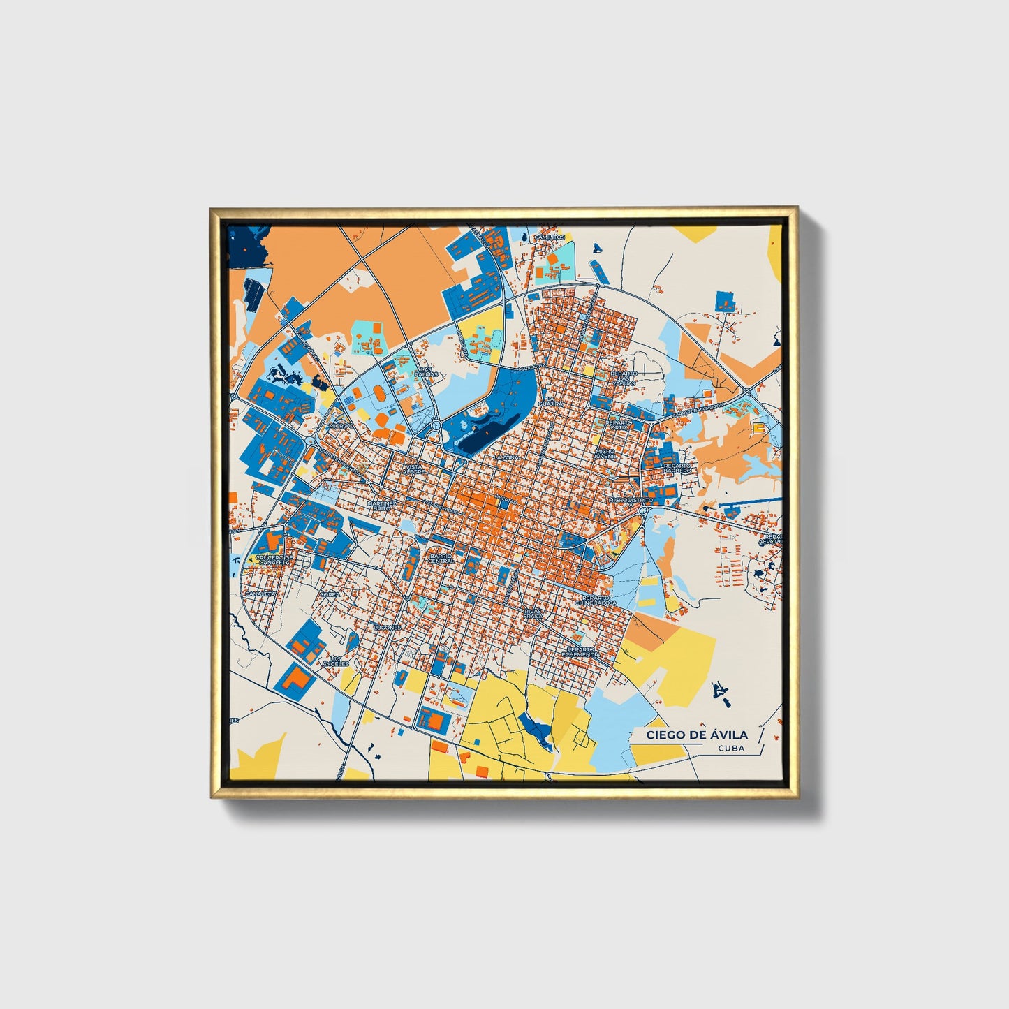 Ciego De Ávila Cuba Colorful City Map Canvas Print • Gold Framed