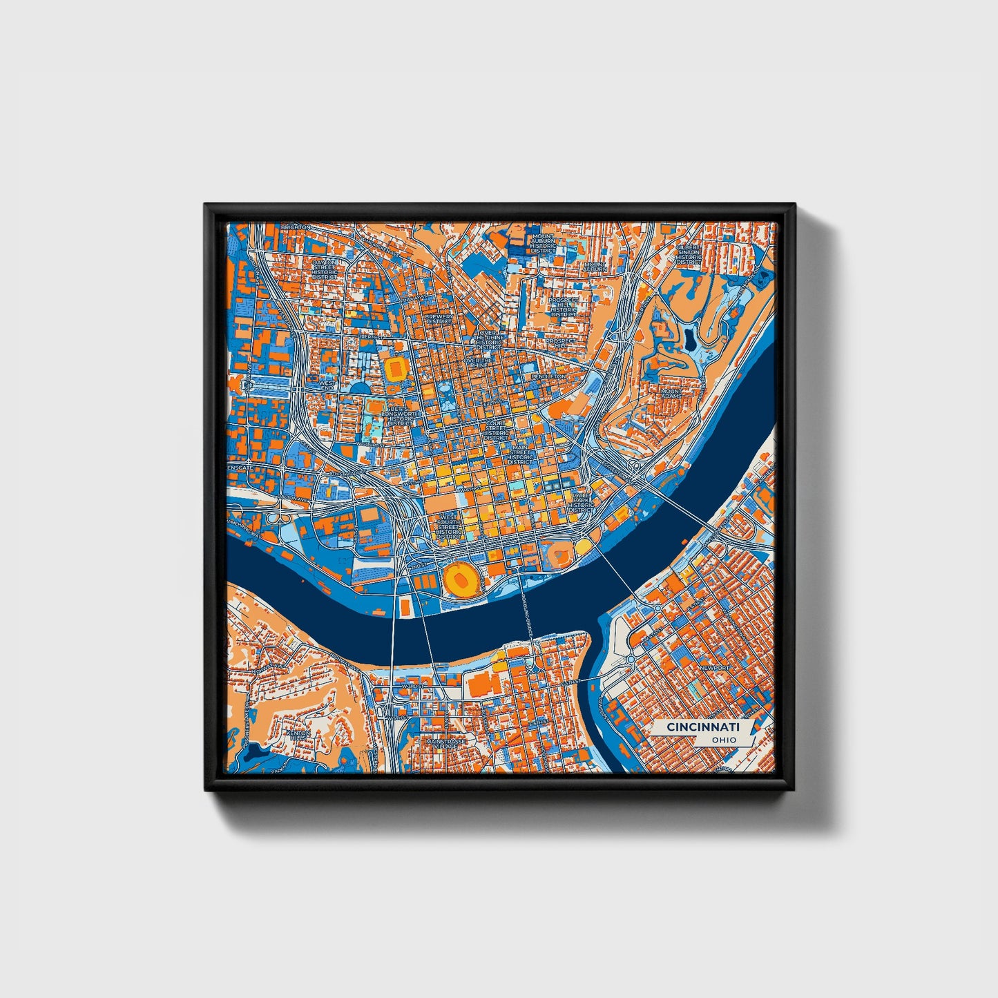 Cincinnati Ohio Colorful City Map Canvas Print • Black Framed