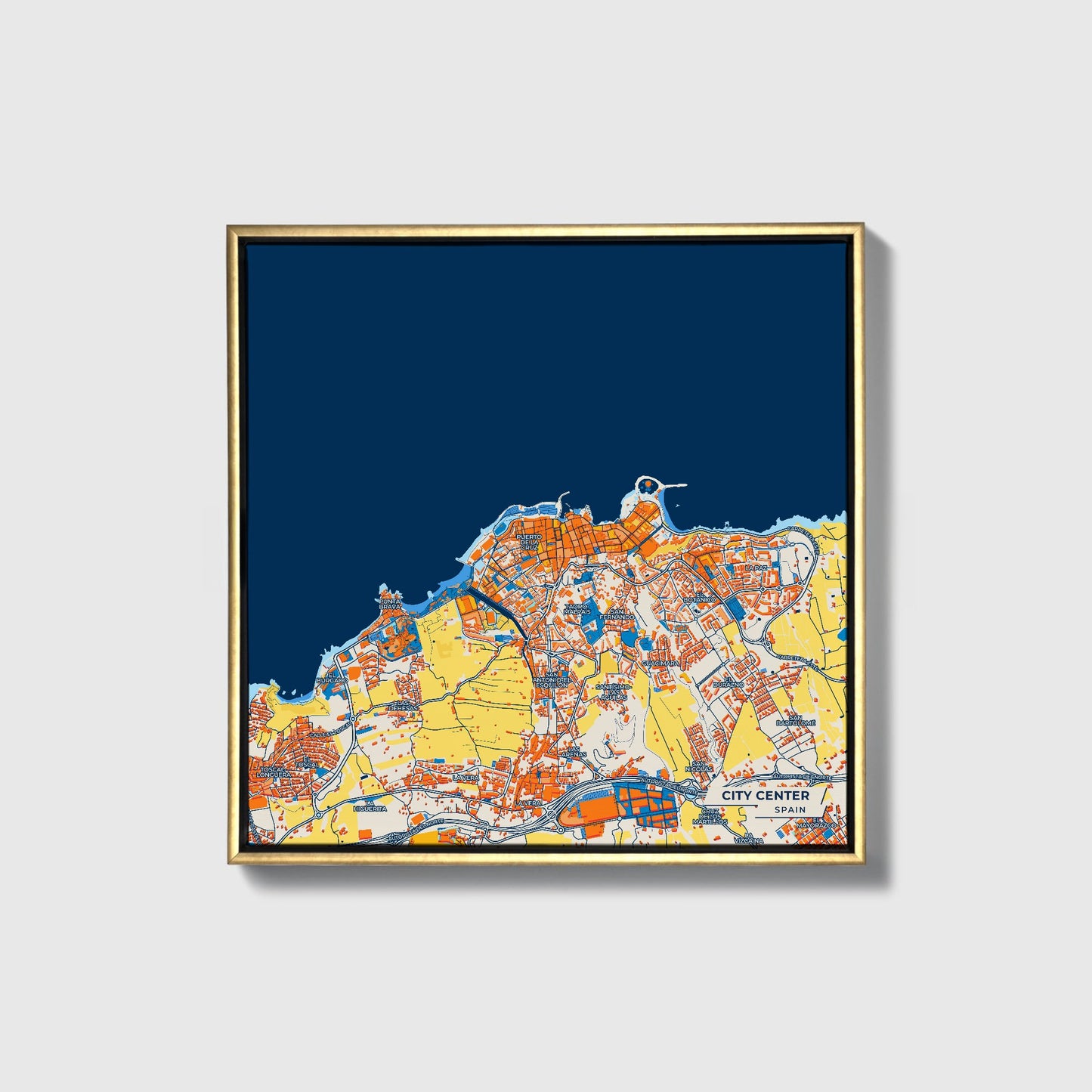 City Center Spain Colorful City Map Canvas Print • Gold Framed