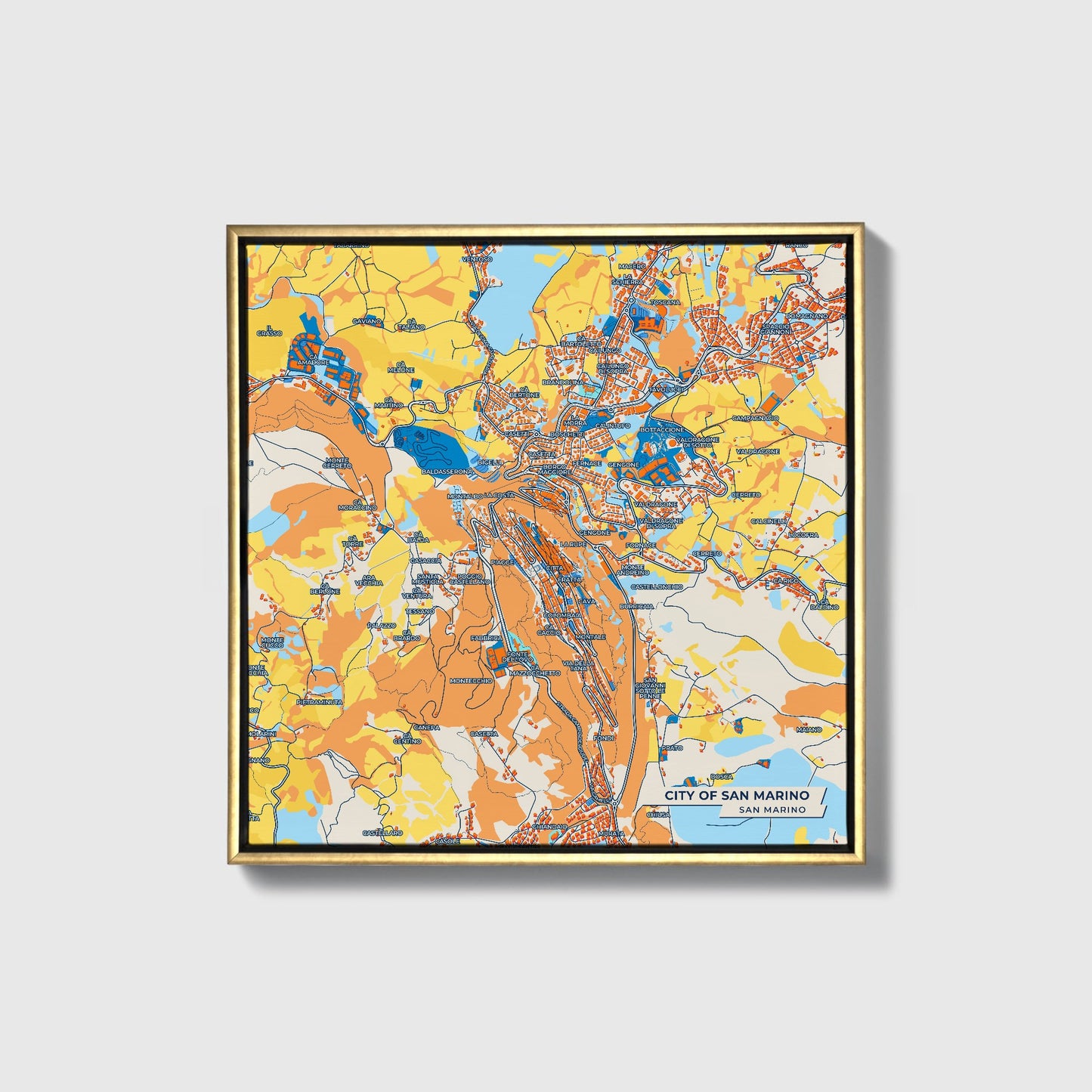 City Of San Marino San Marino Colorful City Map Canvas Print • Gold Framed