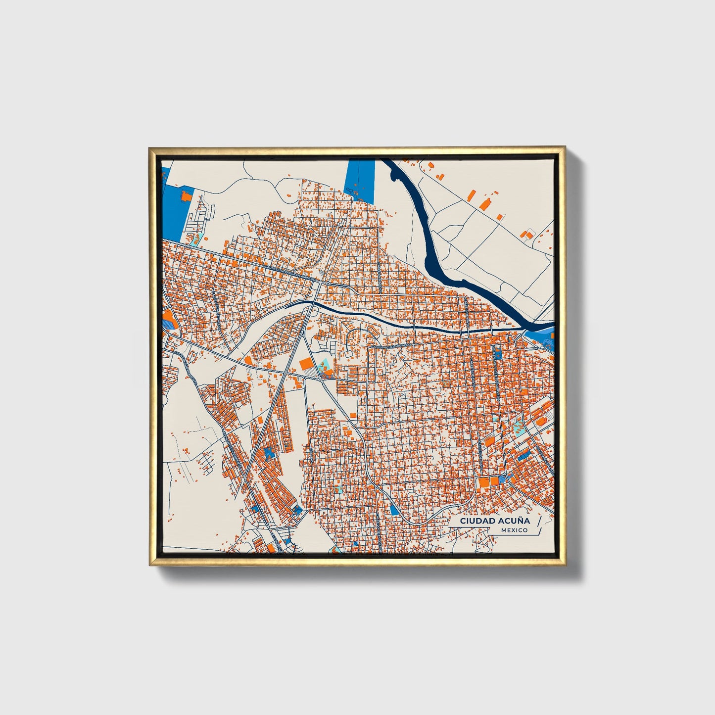 Ciudad Acuña Mexico Colorful City Map Canvas Print • Gold Framed