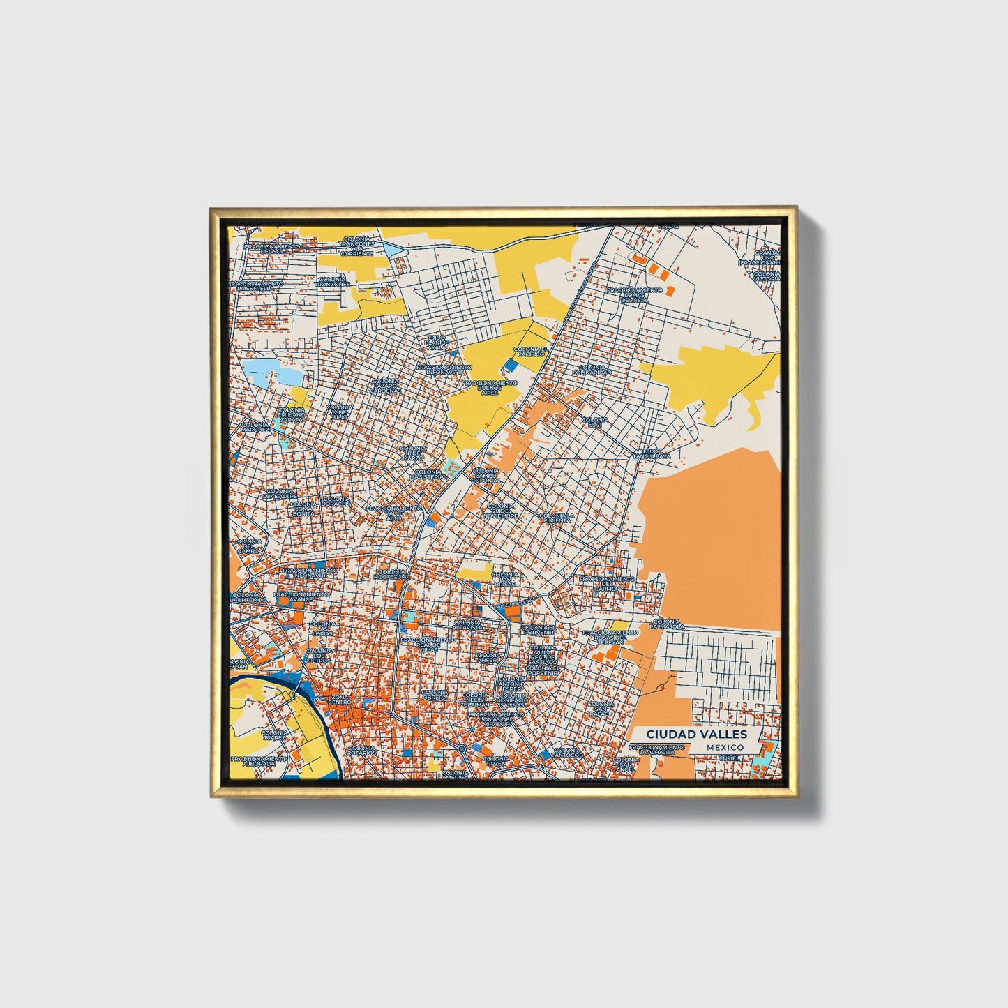 Ciudad Valles Mexico Colorful City Map Canvas Print • Gold Framed