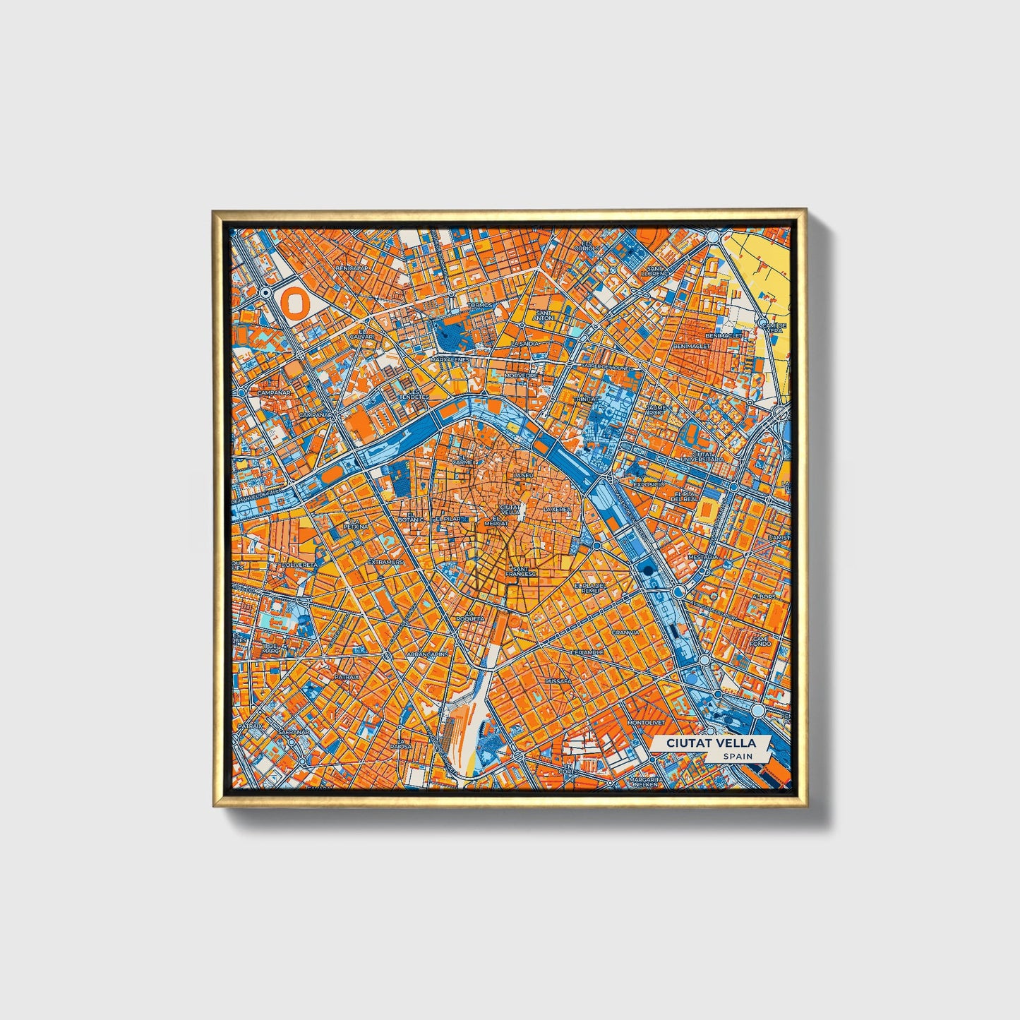 Ciutat Vella Spain Colorful City Map Canvas Print • Gold Framed