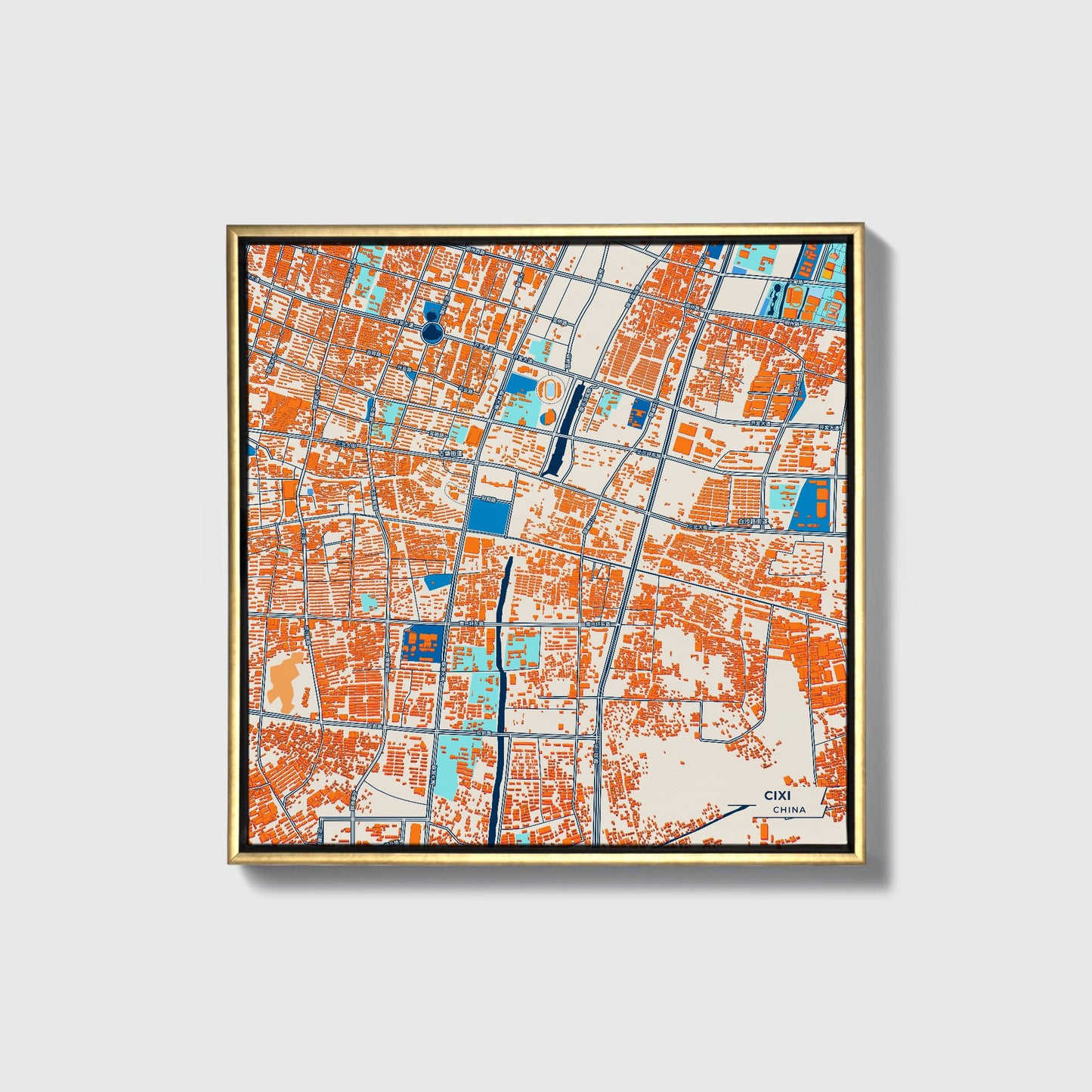 Cixi China Colorful City Map Canvas Print • Gold Framed