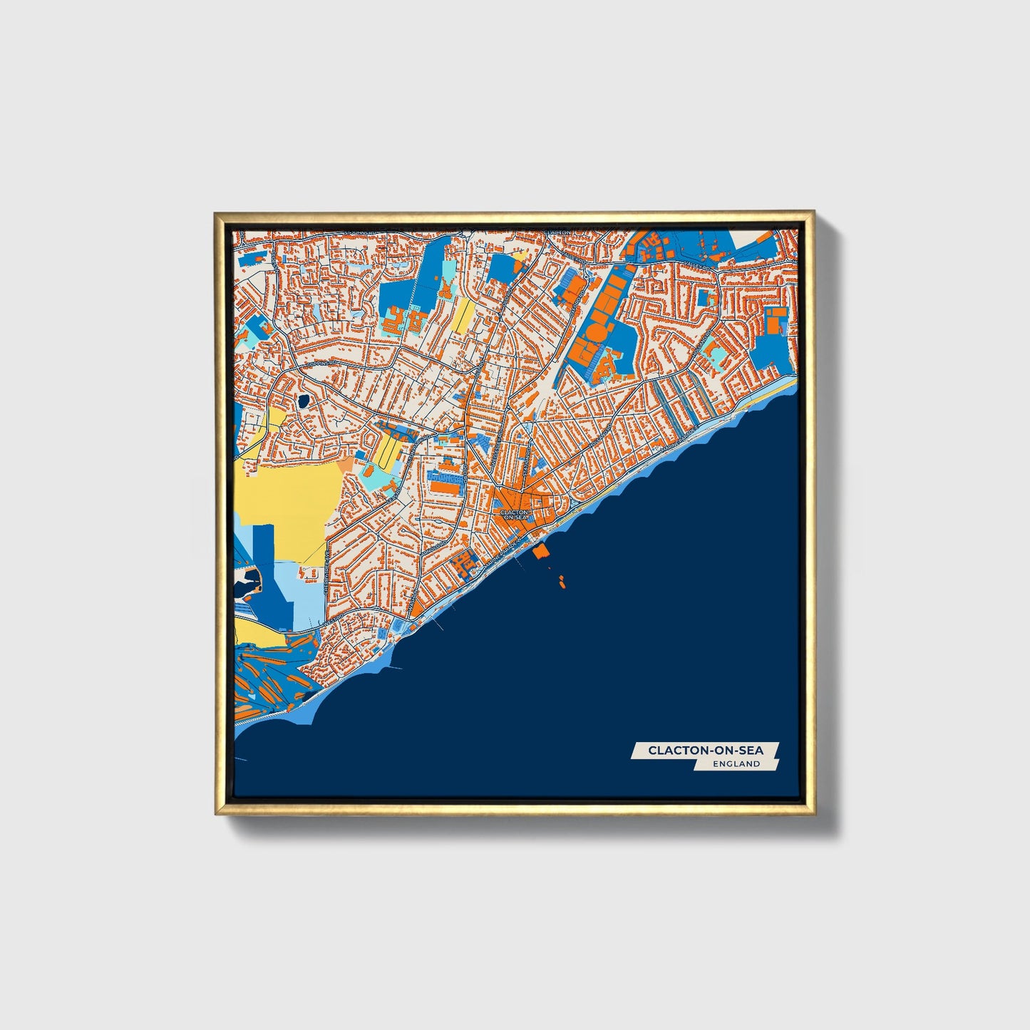 Clacton-On-Sea England Colorful City Map Canvas Print • Gold Framed