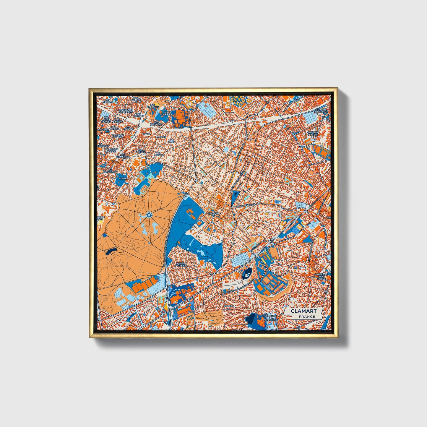 Clamart France Colorful City Map Canvas Print • Gold Framed