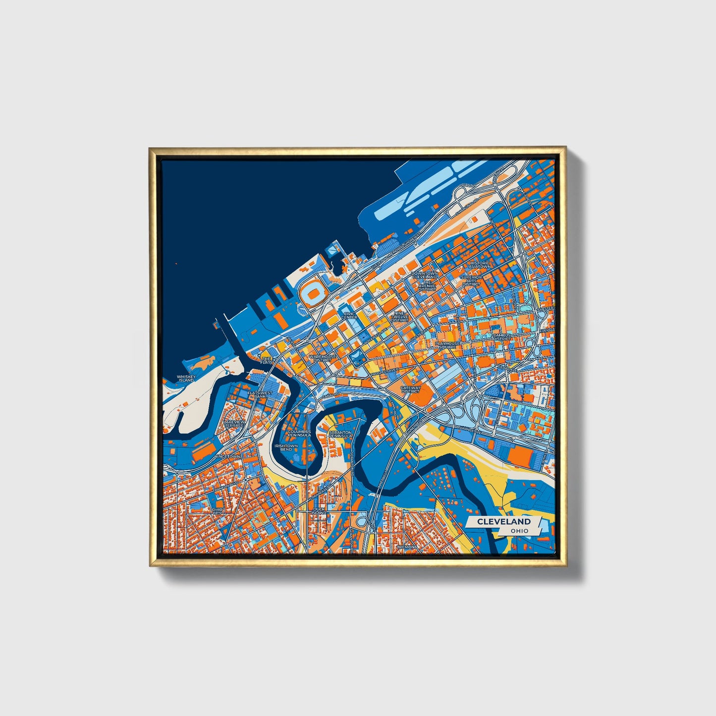 Cleveland Ohio Colorful City Map Canvas Print • Gold Framed