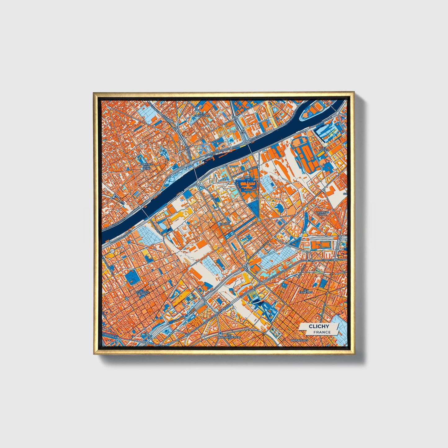Clichy France Colorful City Map Canvas Print • Gold Framed