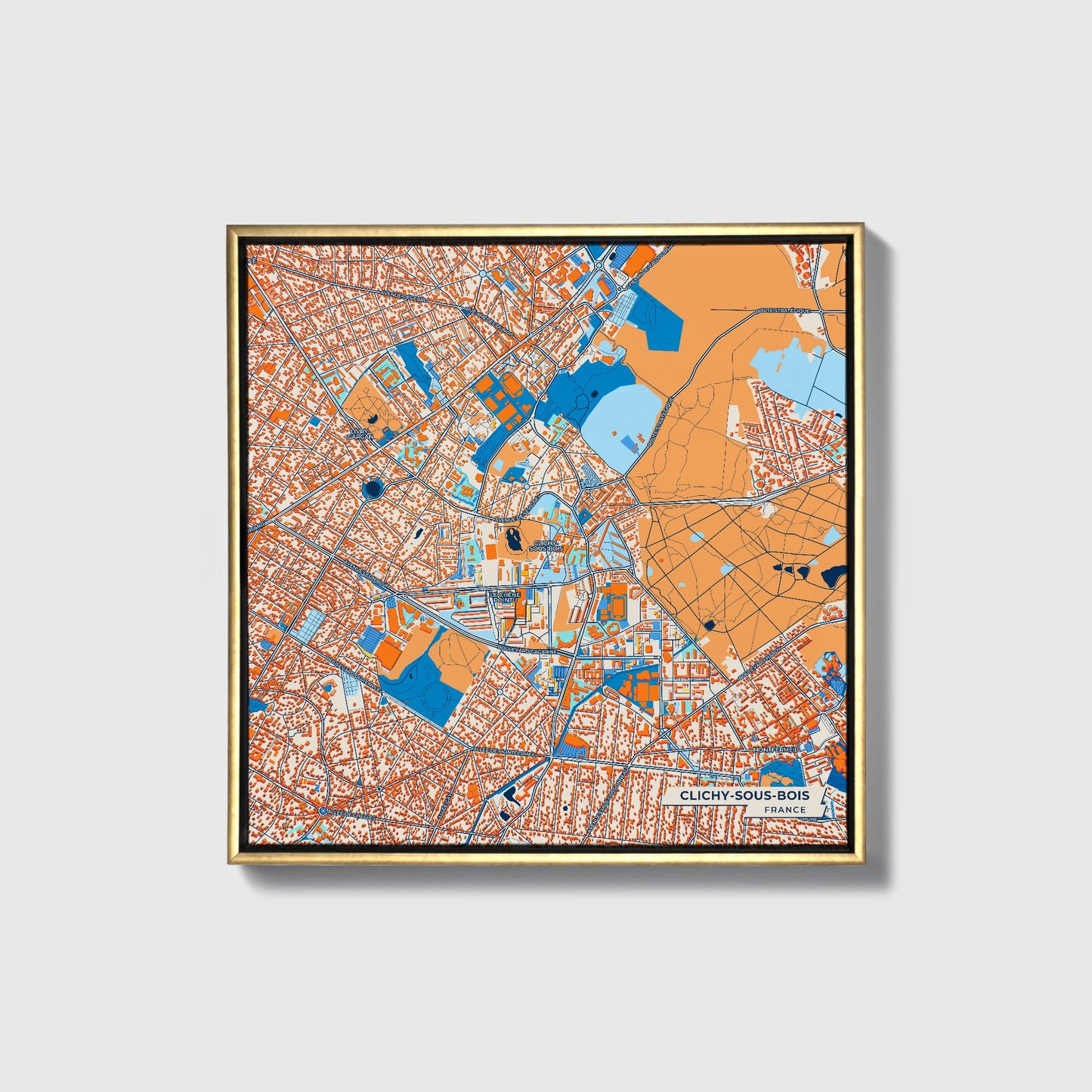 Clichy-Sous-Bois France Colorful City Map Canvas Print • Gold Framed