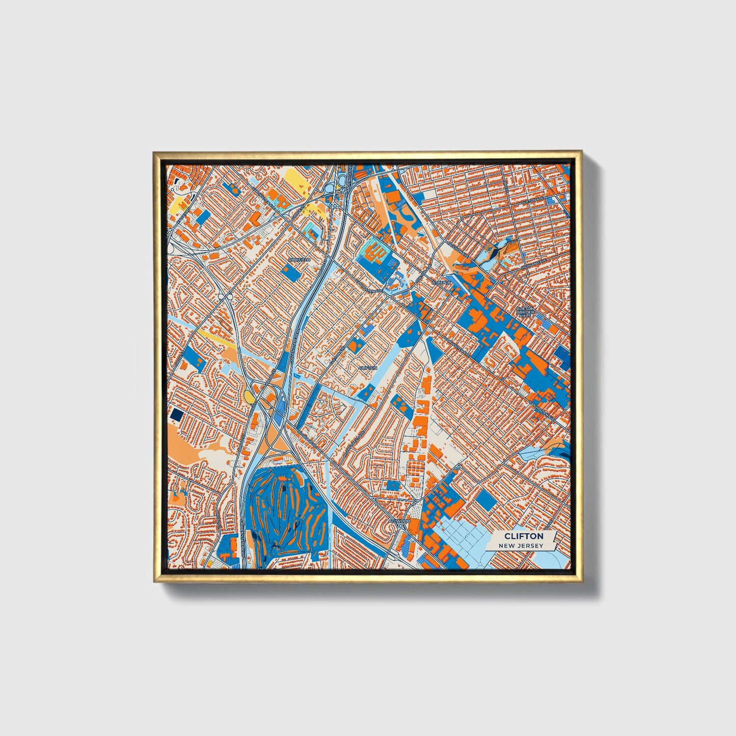 Clifton New Jersey Colorful City Map Canvas Print • Gold Framed