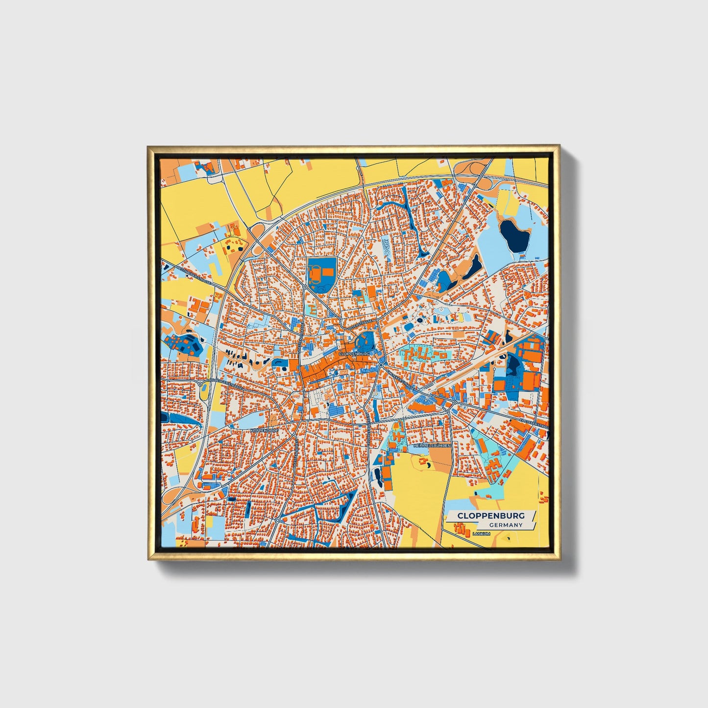 Cloppenburg Germany Colorful City Map Canvas Print • Gold Framed
