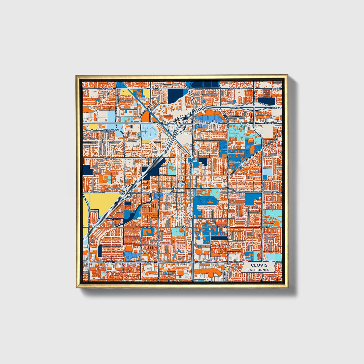 Clovis California Colorful City Map Canvas Print • Gold Framed