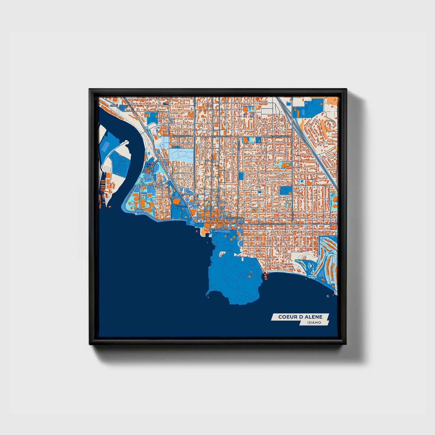 Coeur D Alene Idaho Colorful City Map Canvas Print • Black Framed